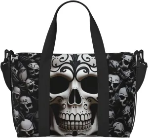 Sports Gym Bag for Women Men Travel Duffel Bag Tote Black and white skulls Weekender Bag Canvas Carry on Overnight Bag for Travel Swimming Fitness Workout Sports Duffle Bag