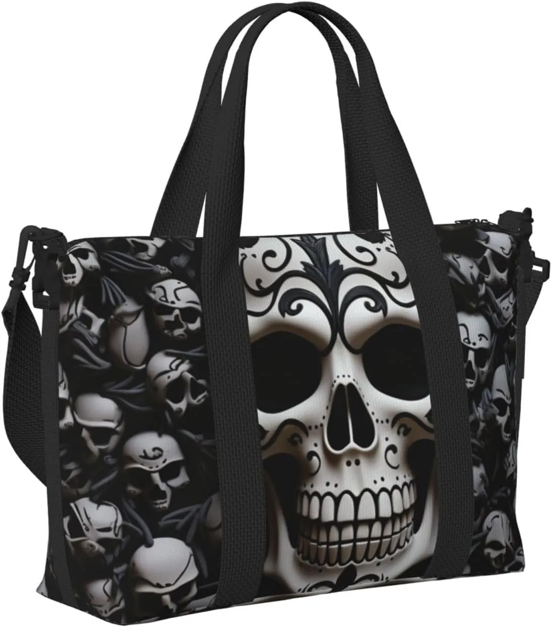 Sports Gym Bag for Women Men Travel Duffel Bag Tote Black and white skulls Weekender Bag Canvas Carry on Overnight Bag for Travel Swimming Fitness Workout Sports Duffle Bag