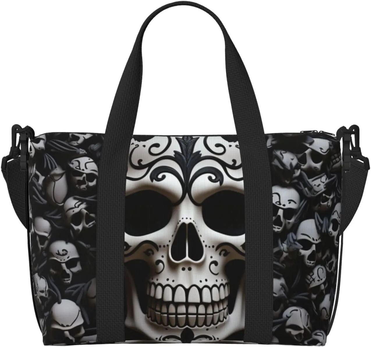 Sports Gym Bag for Women Men Travel Duffel Bag Tote Black and white skulls Weekender Bag Canvas Carry on Overnight Bag for Travel Swimming Fitness Workout Sports Duffle Bag