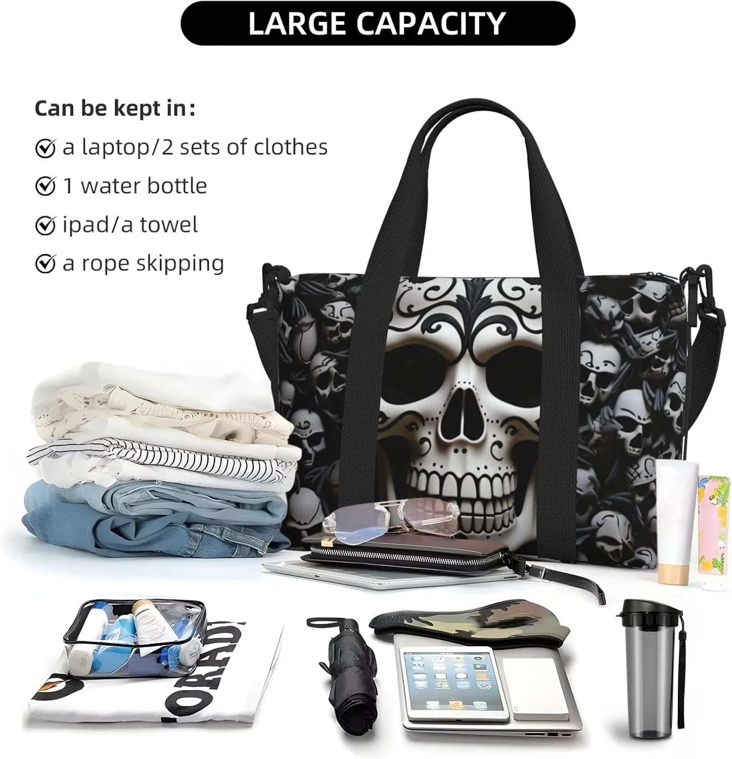 Sports Gym Bag for Women Men Travel Duffel Bag Tote Black and white skulls Weekender Bag Canvas Carry on Overnight Bag for Travel Swimming Fitness Workout Sports Duffle Bag