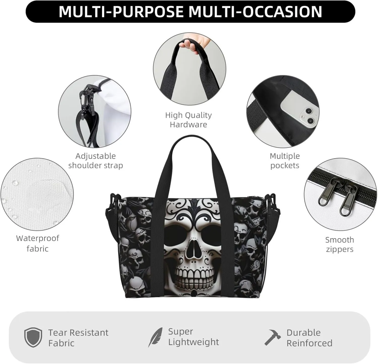 Sports Gym Bag for Women Men Travel Duffel Bag Tote Black and white skulls Weekender Bag Canvas Carry on Overnight Bag for Travel Swimming Fitness Workout Sports Duffle Bag