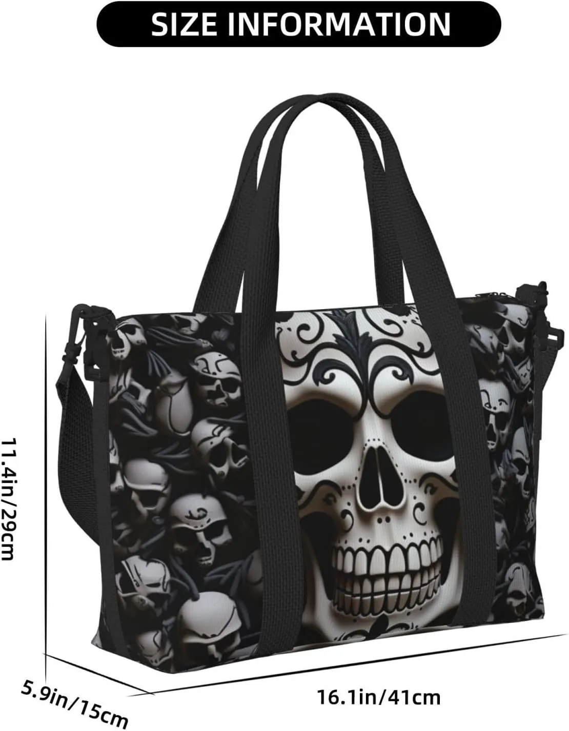 Sports Gym Bag for Women Men Travel Duffel Bag Tote Black and white skulls Weekender Bag Canvas Carry on Overnight Bag for Travel Swimming Fitness Workout Sports Duffle Bag