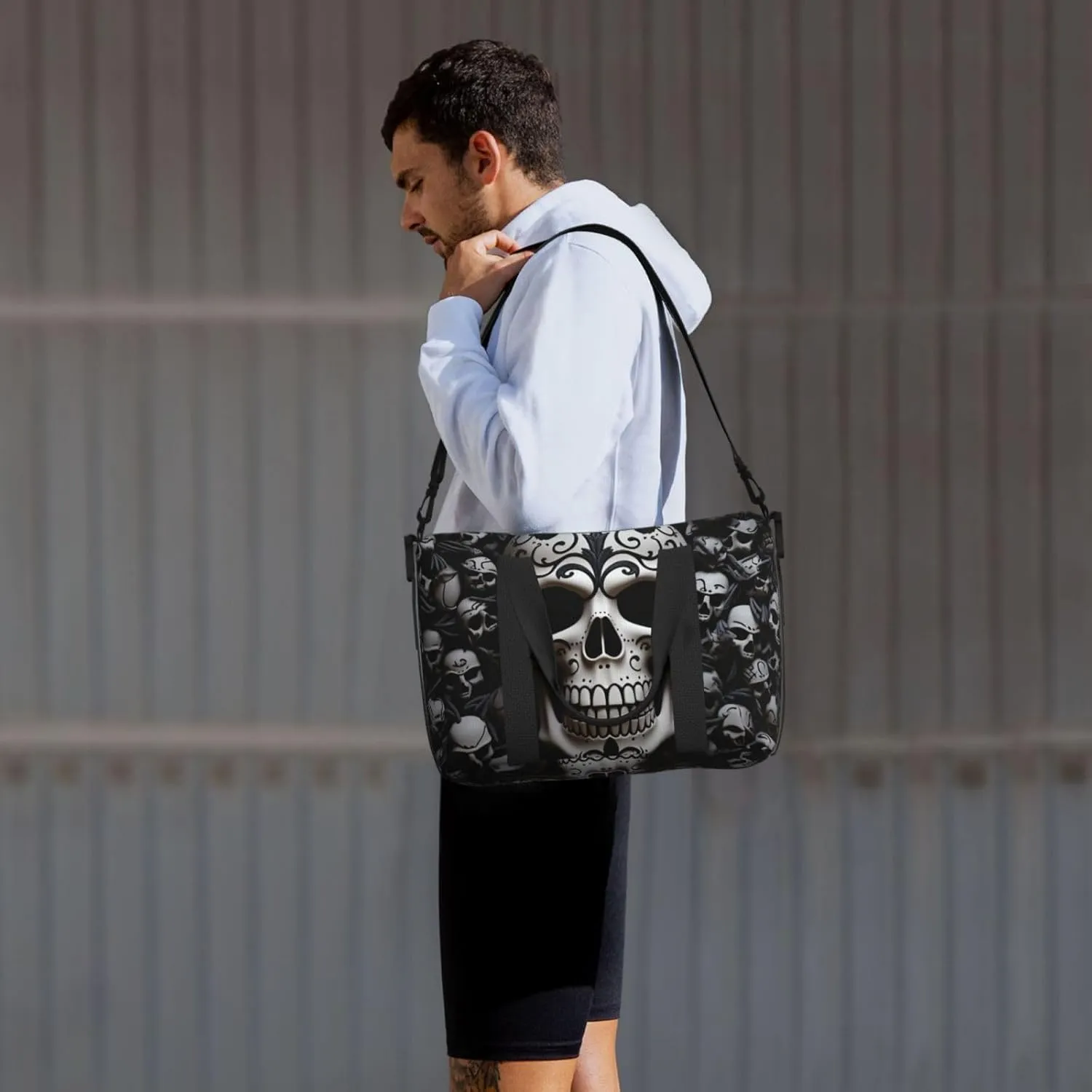 Sports Gym Bag for Women Men Travel Duffel Bag Tote Black and white skulls Weekender Bag Canvas Carry on Overnight Bag for Travel Swimming Fitness Workout Sports Duffle Bag