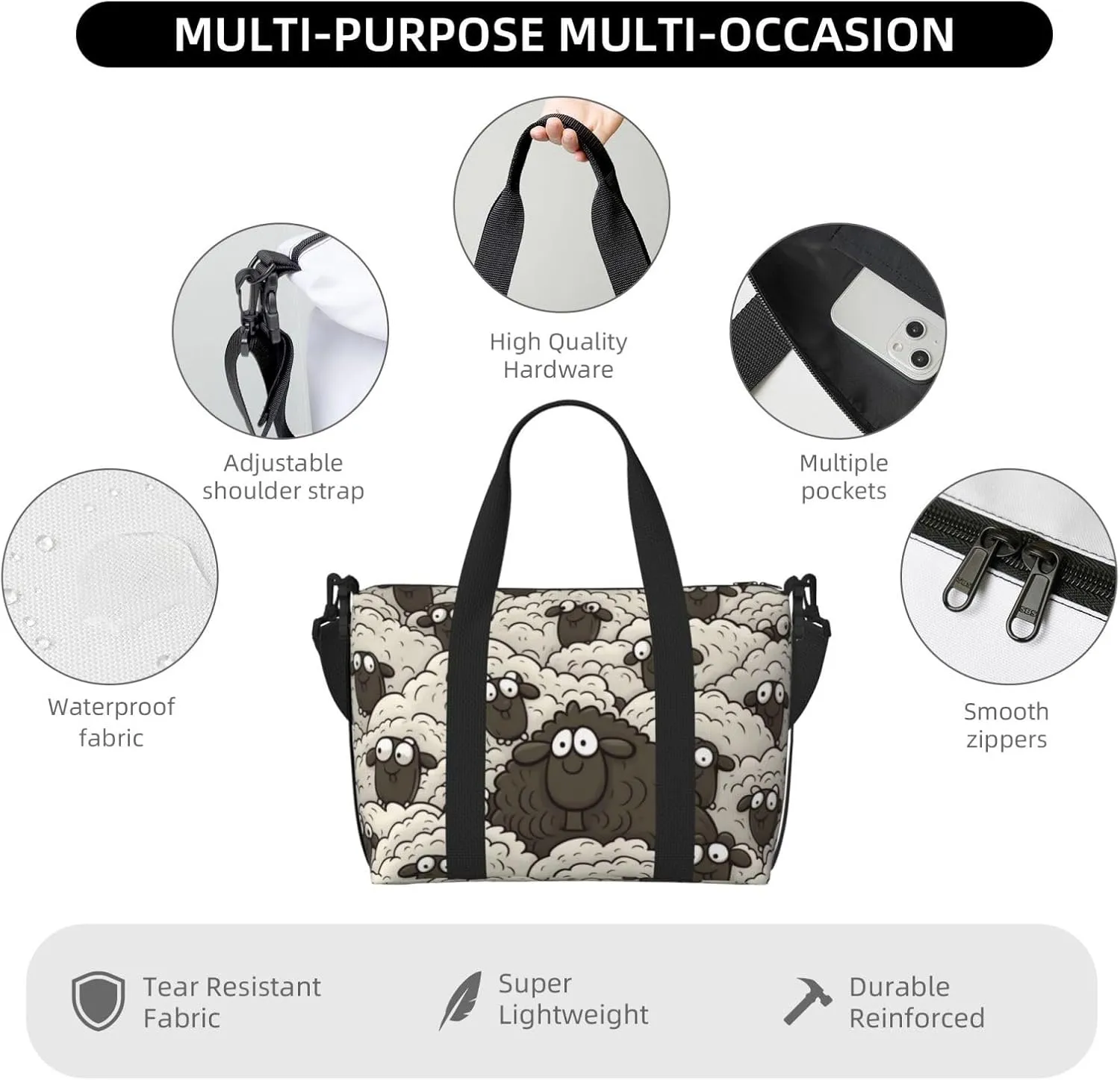 Sports Gym Bag for Women Men Travel Duffel Bag Tote Cartoon Black White Sheep Weekender Bag Canvas Carry on Overnight Bag for Travel Swimming Fitness Workout Sports Duffle Bag