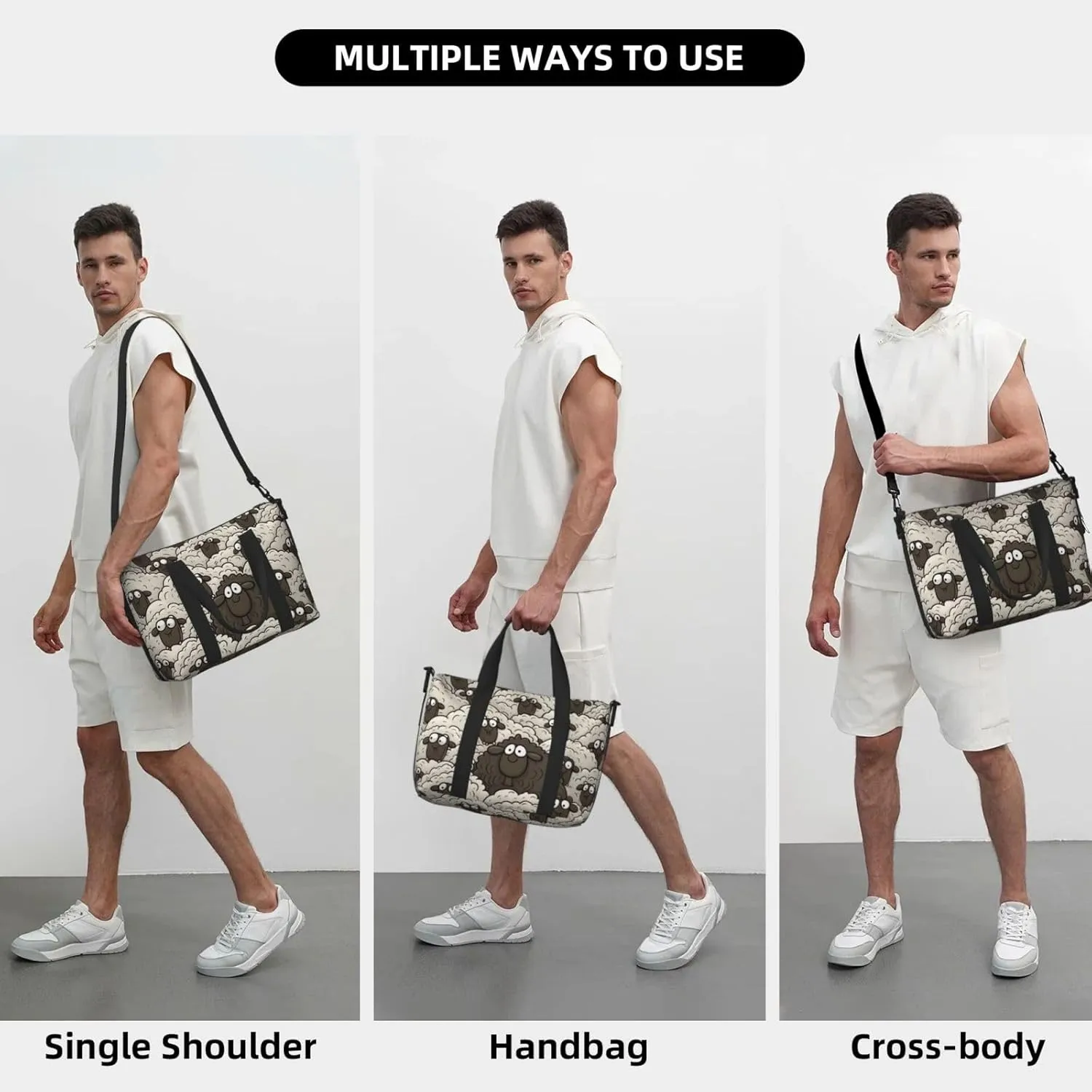Sports Gym Bag for Women Men Travel Duffel Bag Tote Cartoon Black White Sheep Weekender Bag Canvas Carry on Overnight Bag for Travel Swimming Fitness Workout Sports Duffle Bag