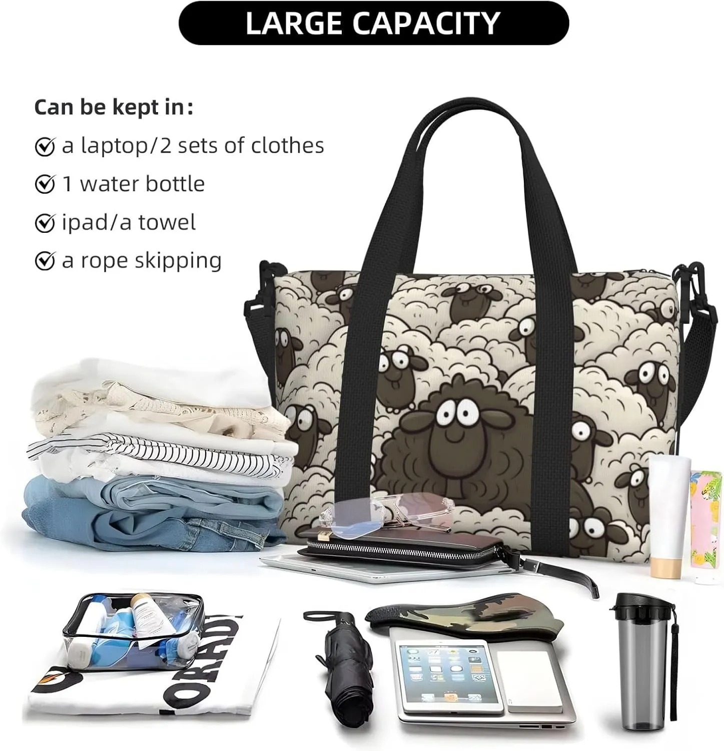 Sports Gym Bag for Women Men Travel Duffel Bag Tote Cartoon Black White Sheep Weekender Bag Canvas Carry on Overnight Bag for Travel Swimming Fitness Workout Sports Duffle Bag