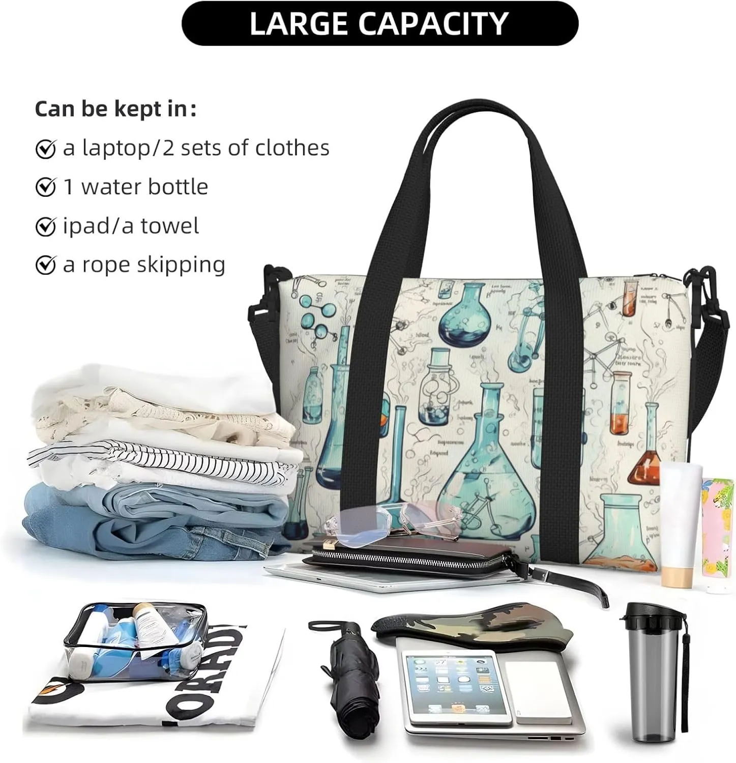 Sports Gym Bag for Women Men Travel Duffel Bag Tote Chemistry Print Weekender Bag Canvas Carry on Overnight Bag for Travel Swimming Fitness Workout Sports Duffle Bag