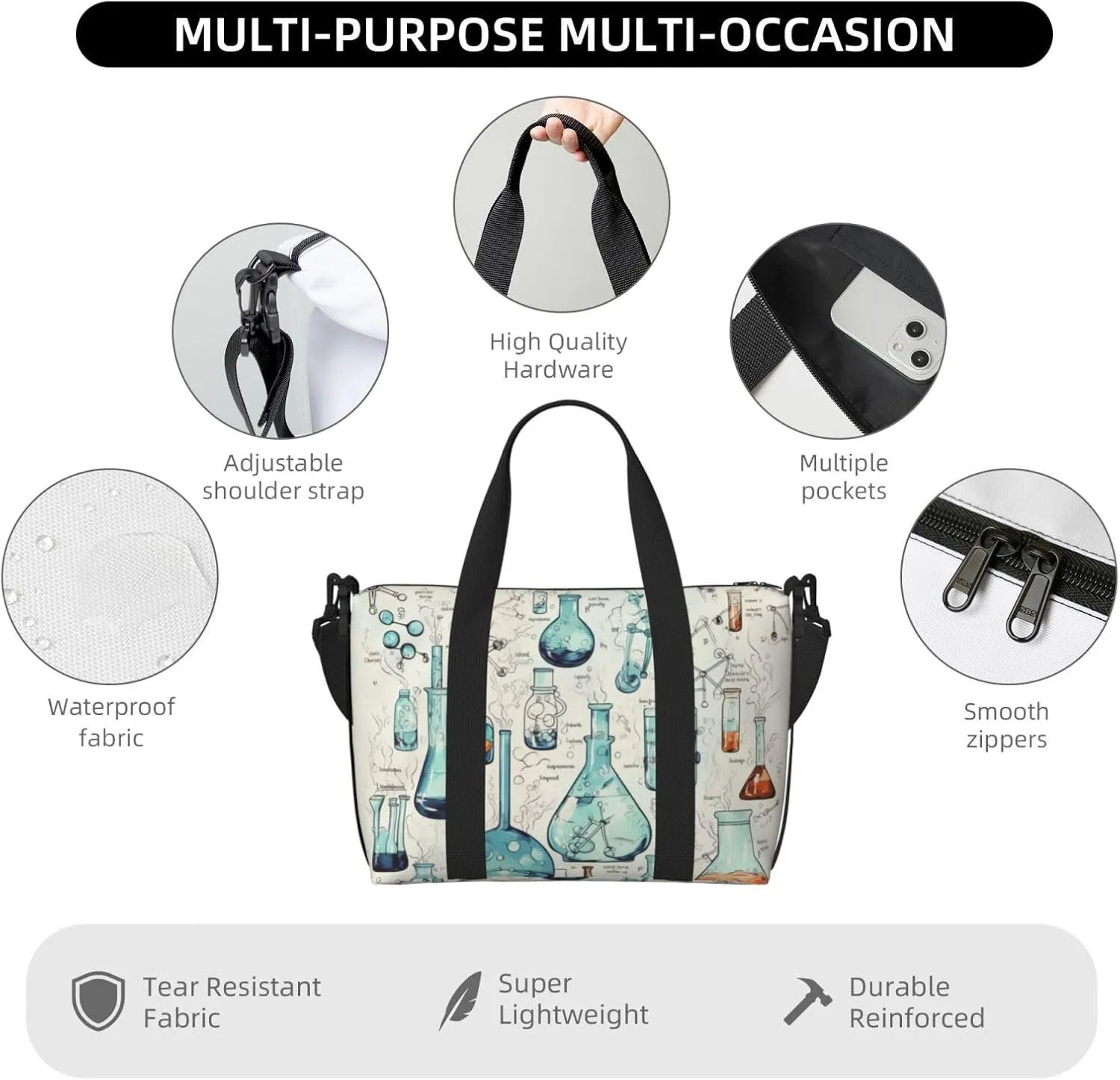Sports Gym Bag for Women Men Travel Duffel Bag Tote Chemistry Print Weekender Bag Canvas Carry on Overnight Bag for Travel Swimming Fitness Workout Sports Duffle Bag