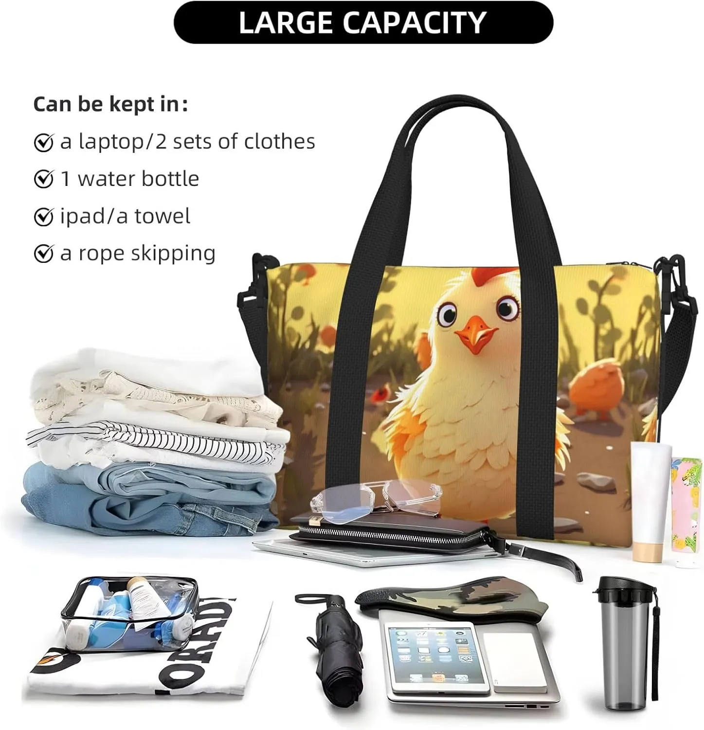 Sports Gym Bag for Women Men Travel Duffel Bag Tote Chicken Chick Weekender Bag Canvas Carry on Overnight Bag for Travel Swimming Fitness Workout Sports Duffle Bag