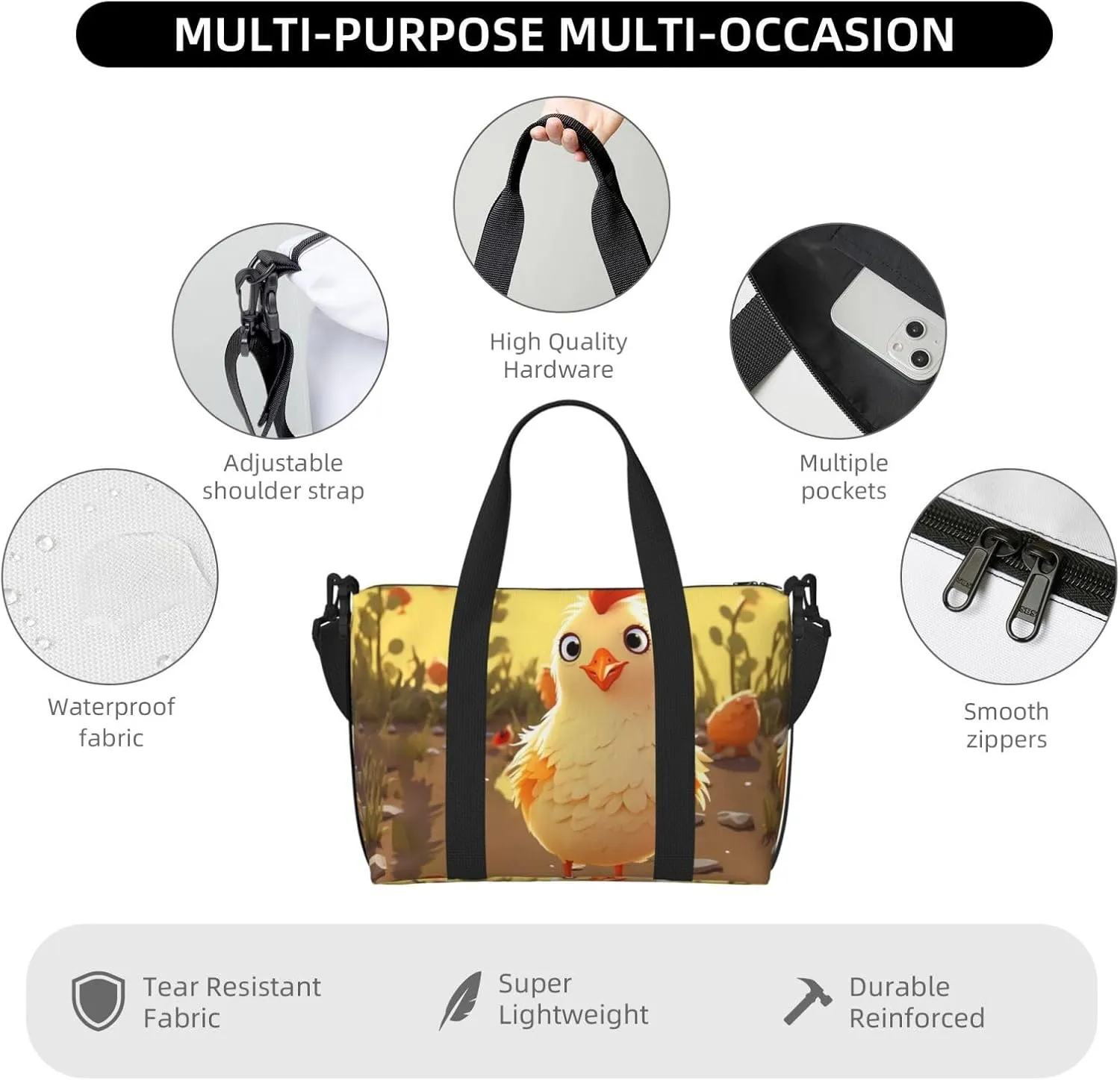 Sports Gym Bag for Women Men Travel Duffel Bag Tote Chicken Chick Weekender Bag Canvas Carry on Overnight Bag for Travel Swimming Fitness Workout Sports Duffle Bag