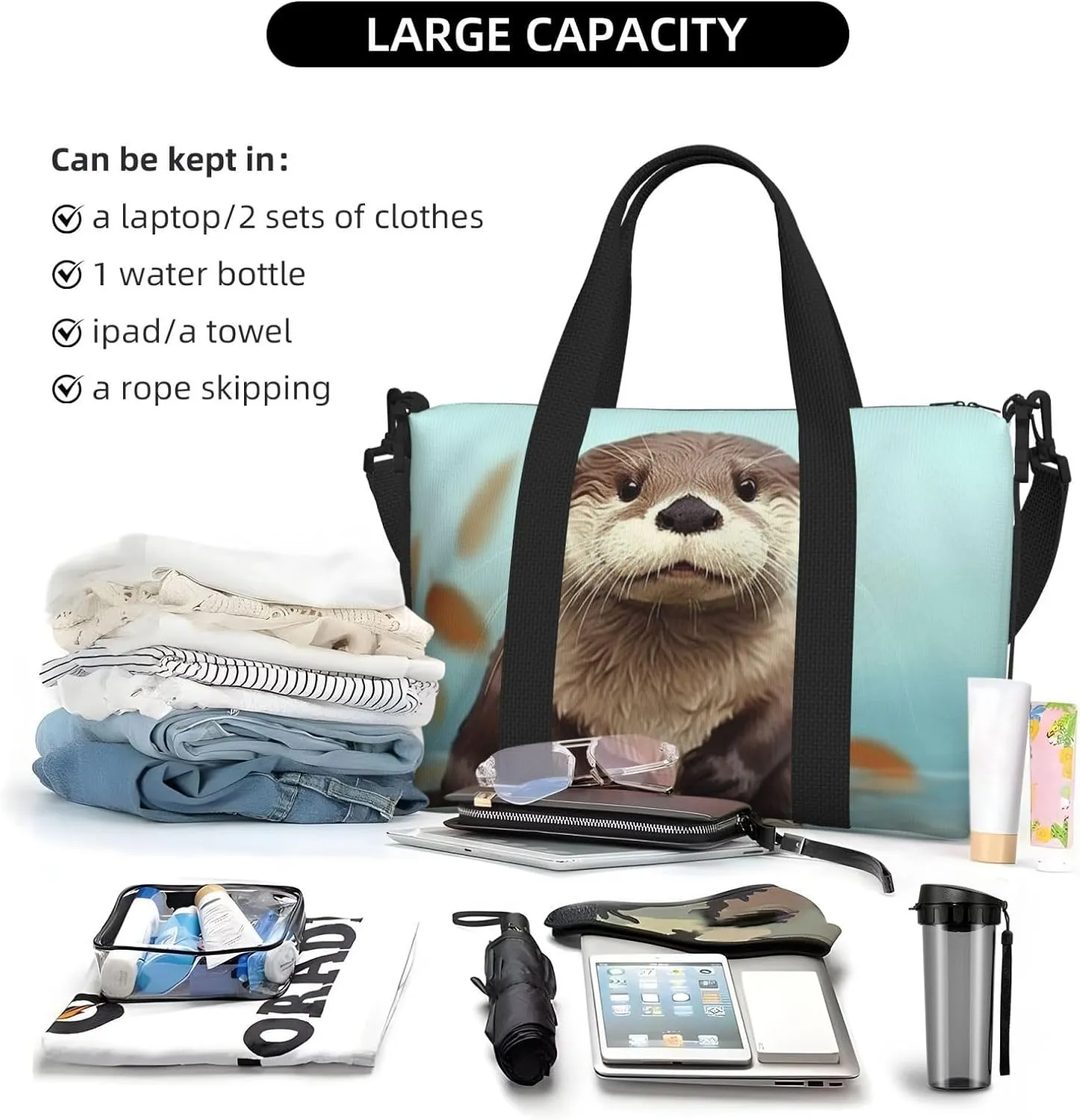 Sports Gym Bag for Women Men Travel Duffel Bag Tote Cute otter Weekender Bag Canvas Carry on Overnight Bag for Travel Swimming Fitness Workout Sports Duffle Bag