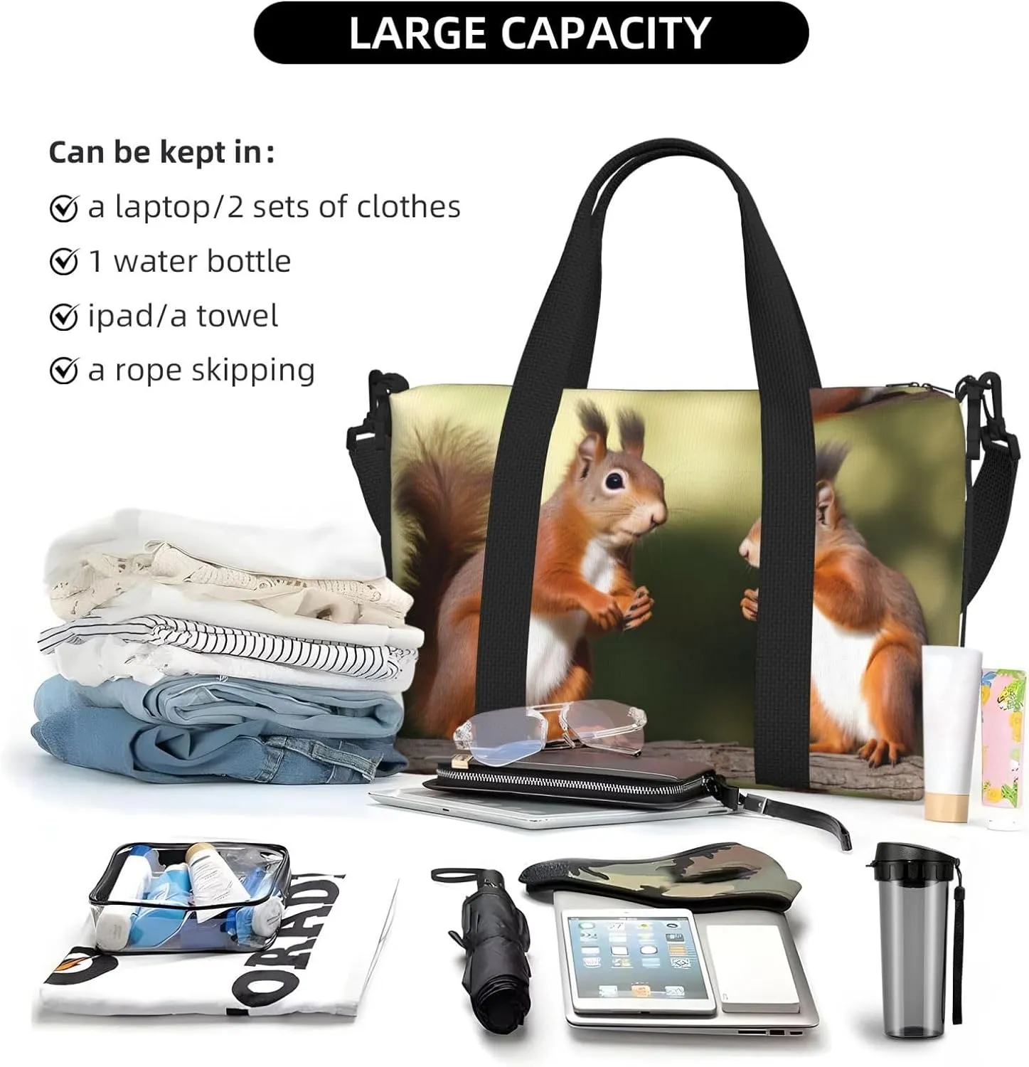 Sports Gym Bag for Women Men Travel Duffel Bag Tote Cute Squirrels Weekender Bag Canvas Carry on Overnight Bag for Travel Swimming Fitness Workout Sports Duffle Bag