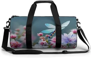 Sports Gym Bag for Women Men Travel Duffel Bag Tote Weekender Bag Dragonfly And Flowers Carry on Overnight Bag for Travel Swimming Fitness Workout Sports Duffle Bag