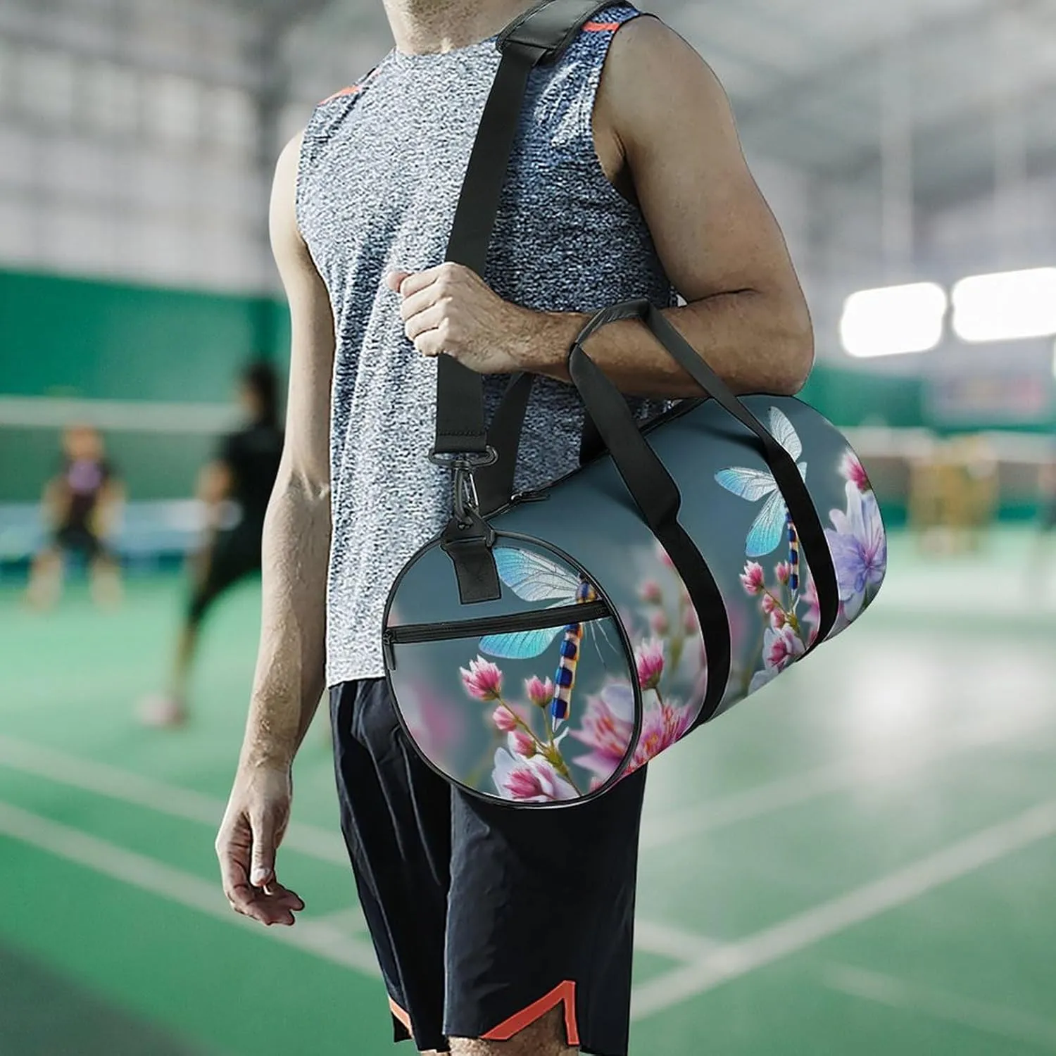 Sports Gym Bag for Women Men Travel Duffel Bag Tote Weekender Bag Dragonfly And Flowers Carry on Overnight Bag for Travel Swimming Fitness Workout Sports Duffle Bag