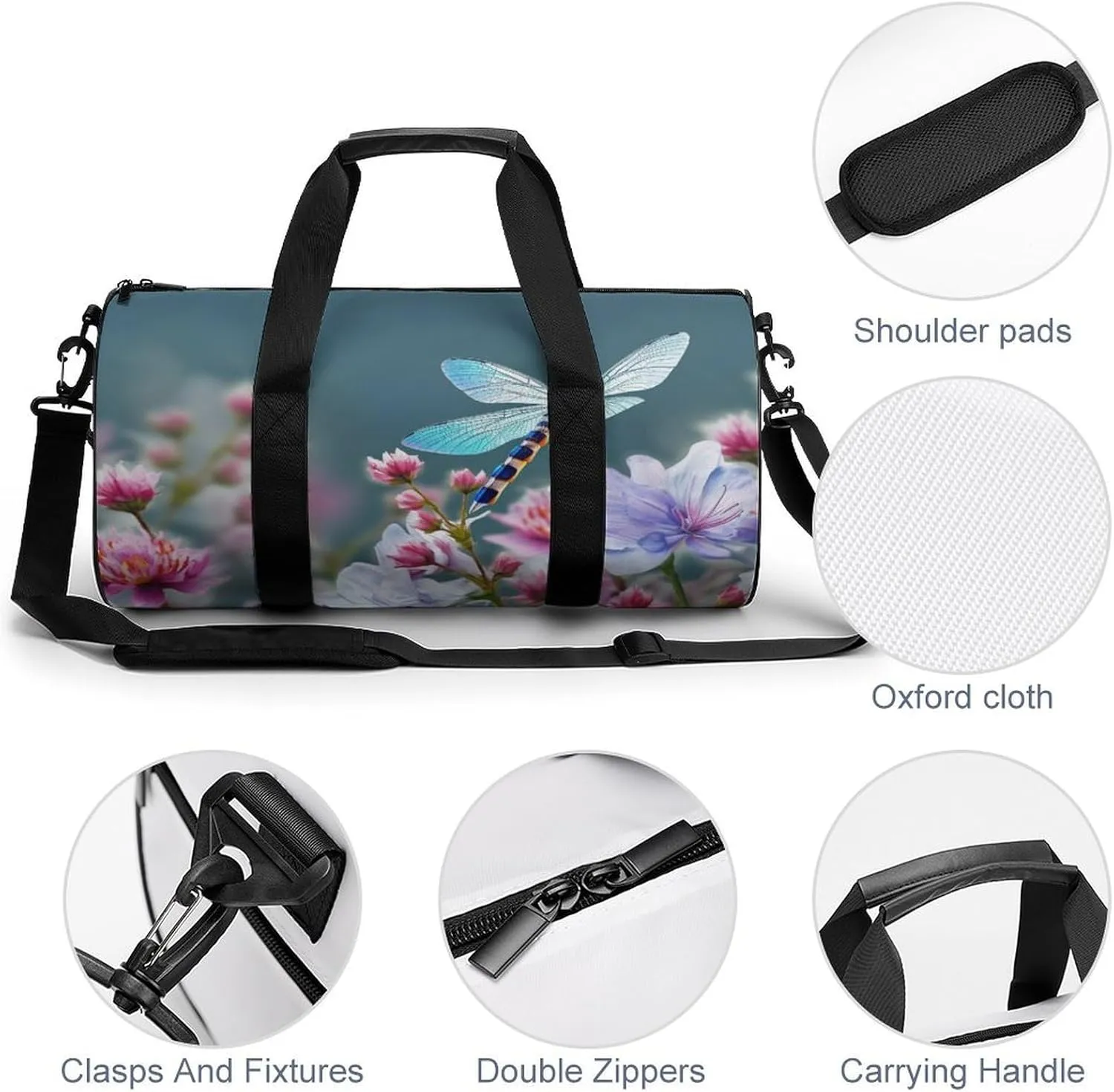 Sports Gym Bag for Women Men Travel Duffel Bag Tote Weekender Bag Dragonfly And Flowers Carry on Overnight Bag for Travel Swimming Fitness Workout Sports Duffle Bag