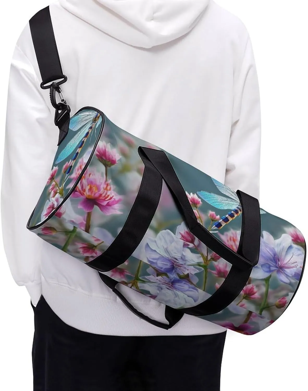 Sports Gym Bag for Women Men Travel Duffel Bag Tote Weekender Bag Dragonfly And Flowers Carry on Overnight Bag for Travel Swimming Fitness Workout Sports Duffle Bag