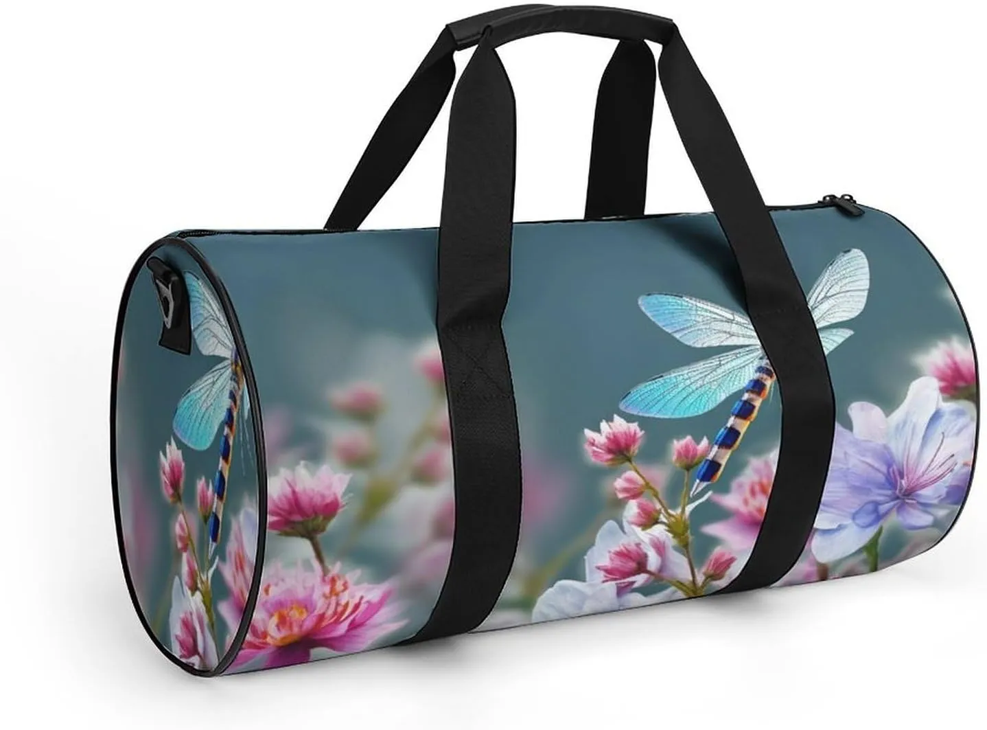Sports Gym Bag for Women Men Travel Duffel Bag Tote Weekender Bag Dragonfly And Flowers Carry on Overnight Bag for Travel Swimming Fitness Workout Sports Duffle Bag