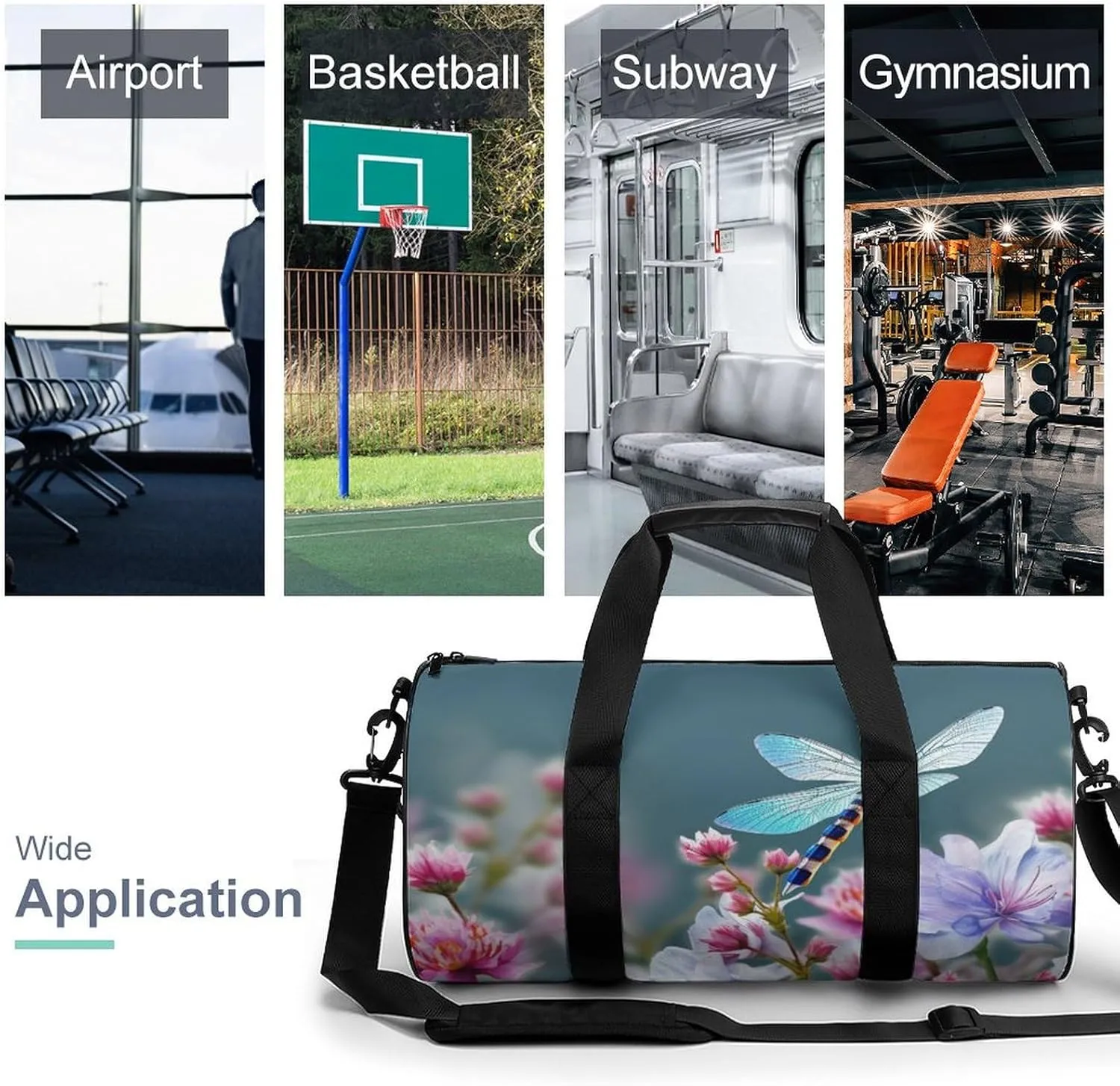 Sports Gym Bag for Women Men Travel Duffel Bag Tote Weekender Bag Dragonfly And Flowers Carry on Overnight Bag for Travel Swimming Fitness Workout Sports Duffle Bag