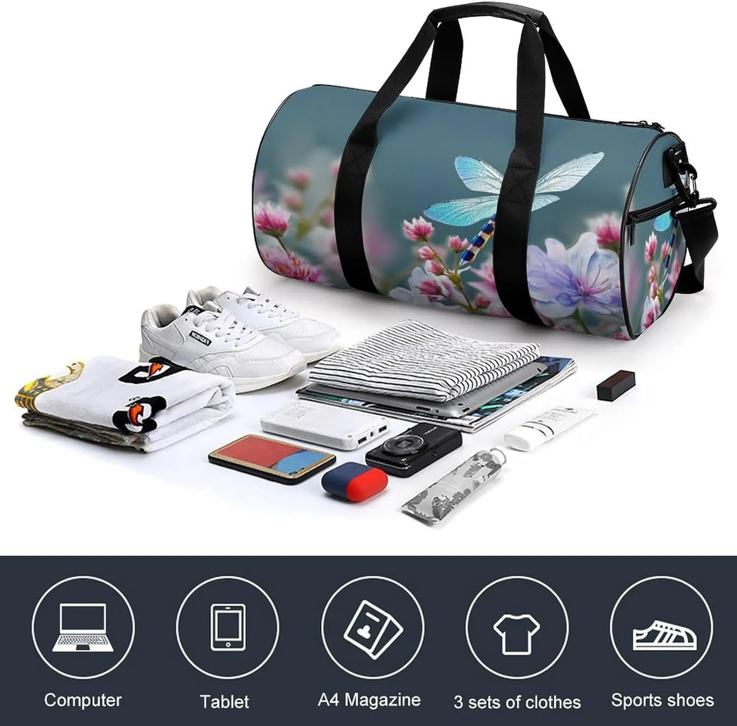 Sports Gym Bag for Women Men Travel Duffel Bag Tote Weekender Bag Dragonfly And Flowers Carry on Overnight Bag for Travel Swimming Fitness Workout Sports Duffle Bag
