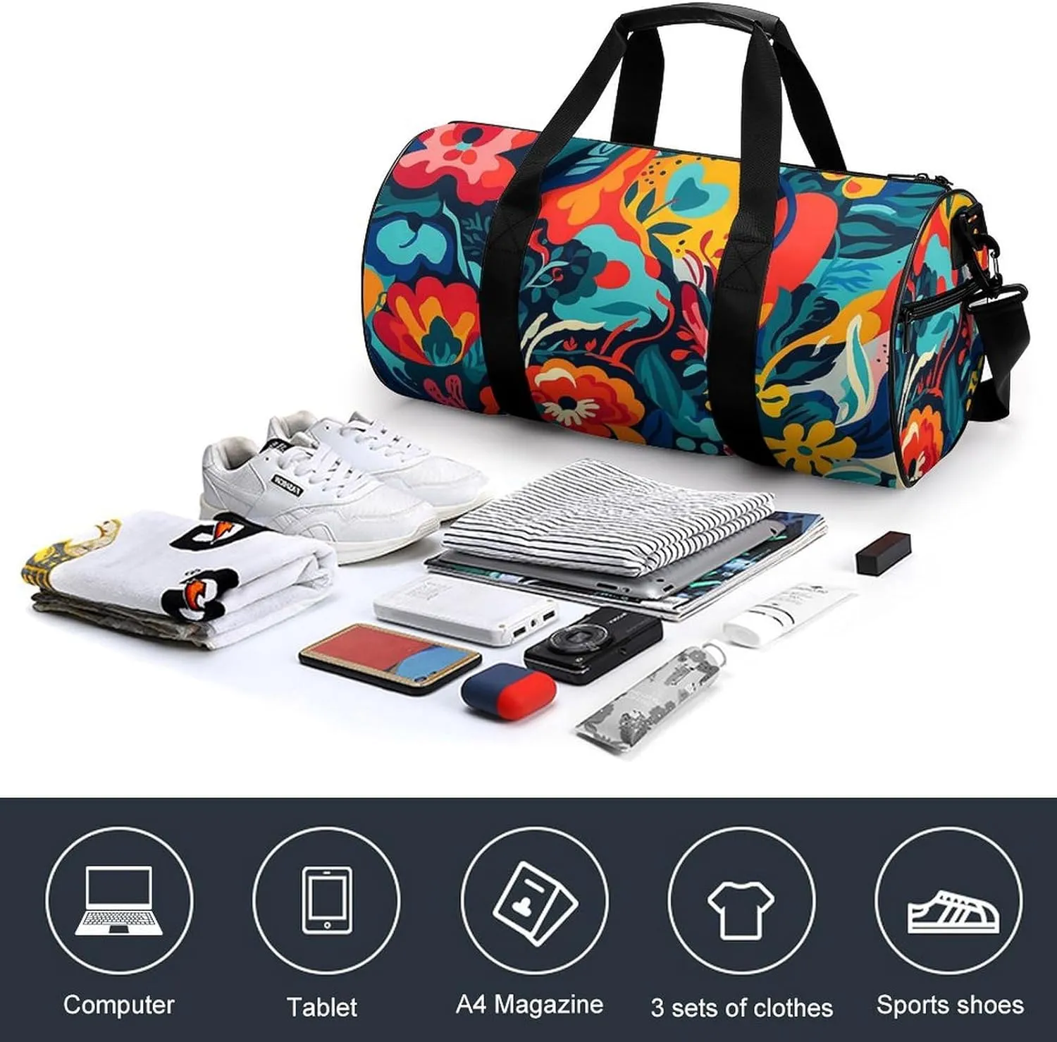 Sports Gym Bag for Women Men Travel Duffel Bag Tote Weekender Bag Flower Design Carry on Overnight Bag for Travel Swimming Fitness Workout Sports Duffle Bag
