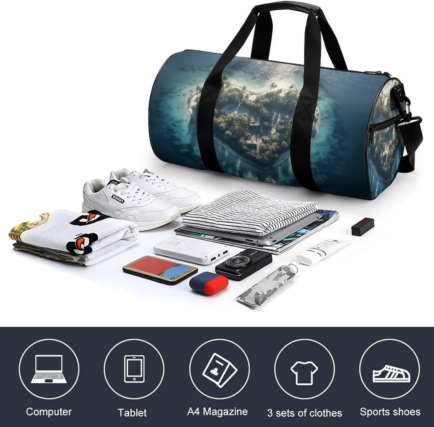 Sports Gym Bag for Women Men Travel Duffel Bag Tote Weekender Bag Heart Shaped Island Carry on Overnight Bag for Travel Swimming Fitness Workout Sports Duffle Bag