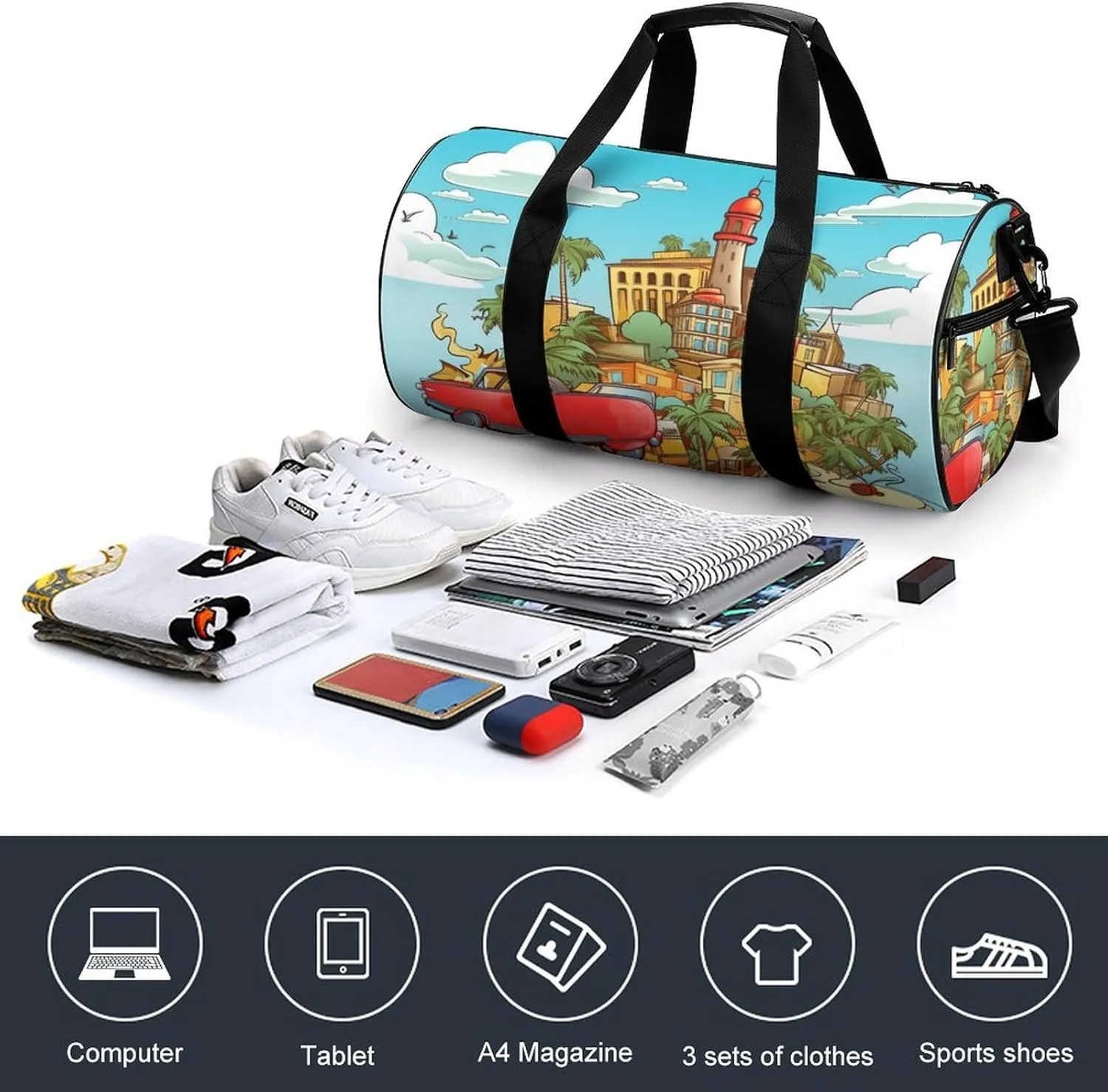 Sports Gym Bag for Women Men Travel Duffel Bag Tote Weekender Bag Island Of Cuba Carry on Overnight Bag for Travel Swimming Fitness Workout Sports Duffle Bag