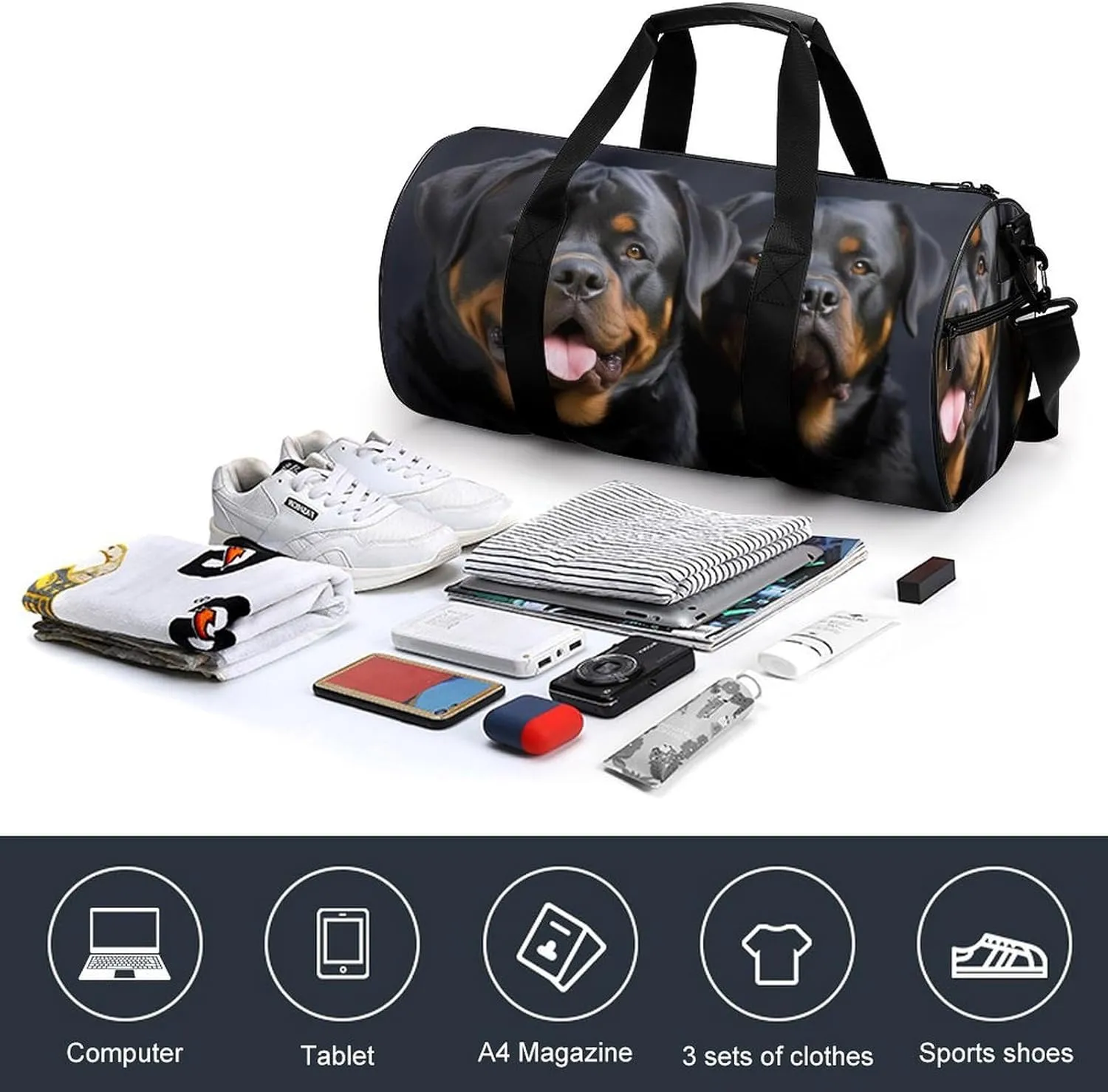 Sports Gym Bag for Women Men Travel Duffel Bag Tote Weekender Bag Rottweiler Wallpaper Carry on Overnight Bag for Travel Swimming Fitness Workout Sports Duffle Bag