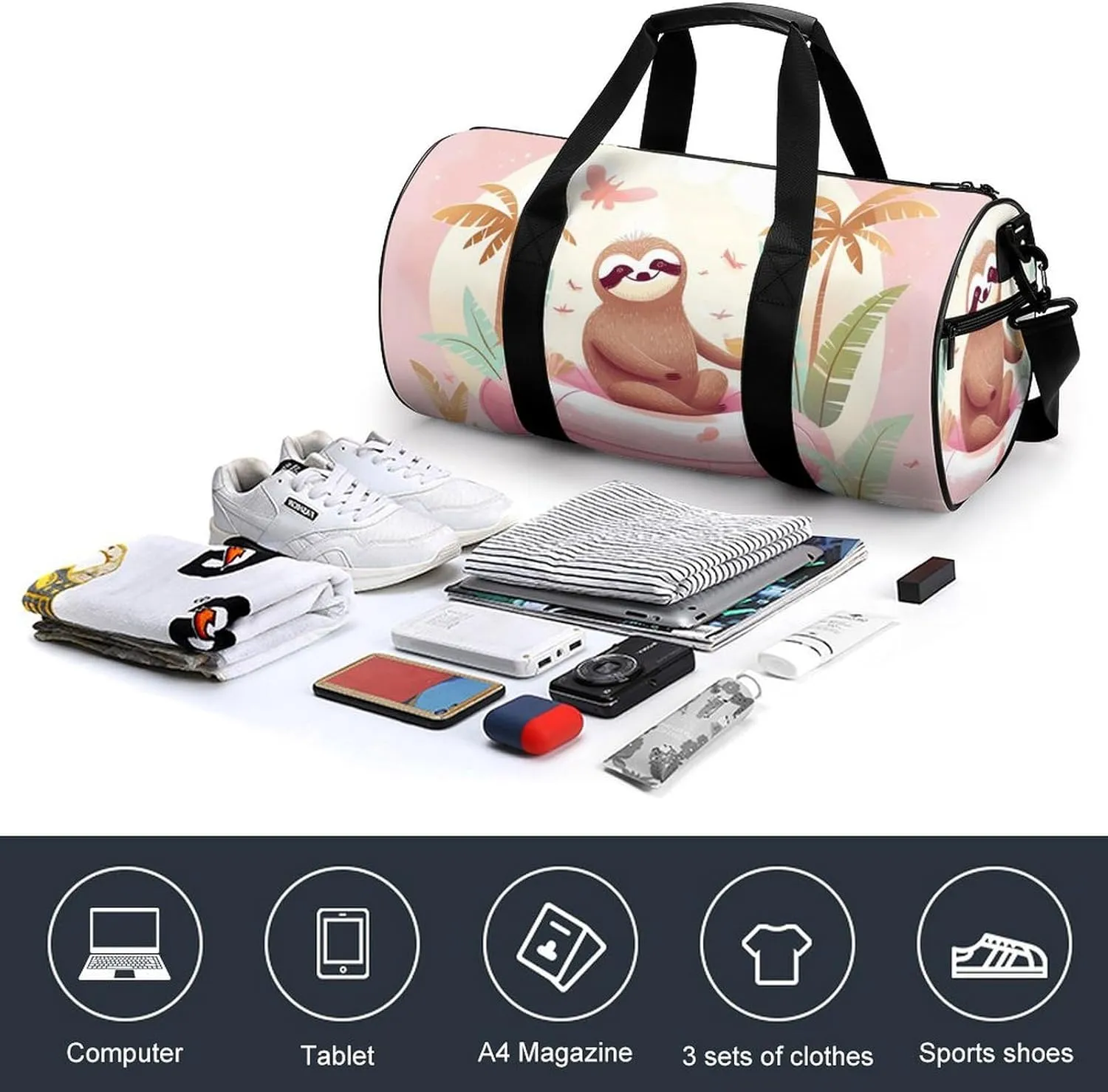 Sports Gym Bag for Women Men Travel Duffel Bag Tote Weekender Bag Sloth Flamingo Carry on Overnight Bag for Travel Swimming Fitness Workout Sports Duffle Bag