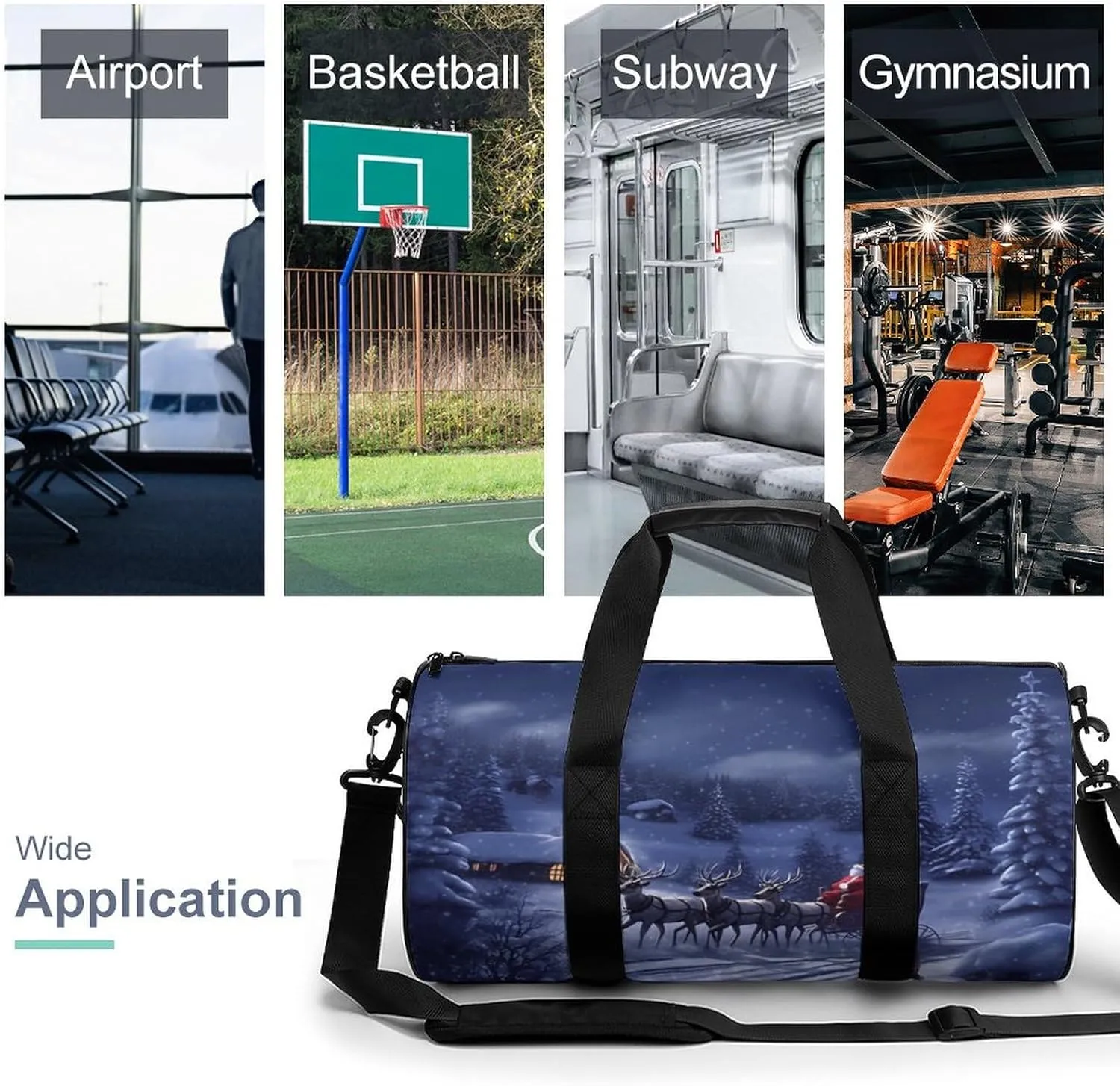Sports Gym Bag for Women Men Travel Duffel Bag Tote Weekender Bag Snow Night Santa And Deer Carry on Overnight Bag for Travel Swimming Fitness Workout Sports Duffle Bag