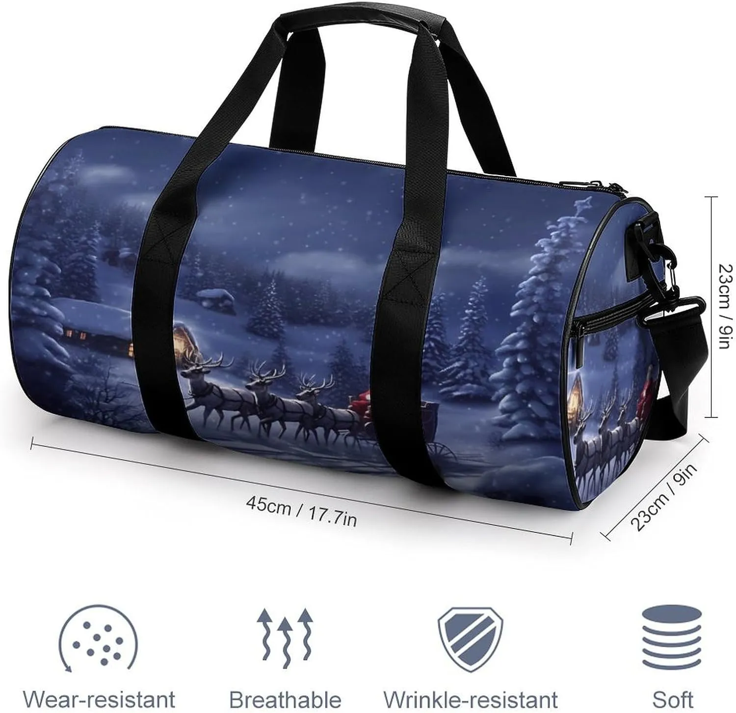 Sports Gym Bag for Women Men Travel Duffel Bag Tote Weekender Bag Snow Night Santa And Deer Carry on Overnight Bag for Travel Swimming Fitness Workout Sports Duffle Bag