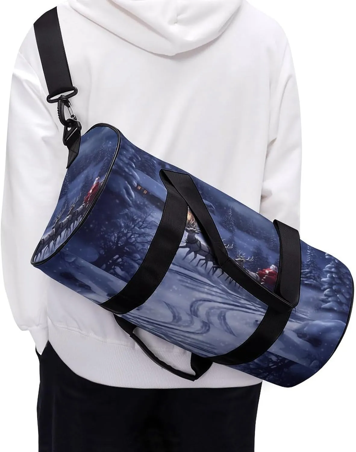 Sports Gym Bag for Women Men Travel Duffel Bag Tote Weekender Bag Snow Night Santa And Deer Carry on Overnight Bag for Travel Swimming Fitness Workout Sports Duffle Bag