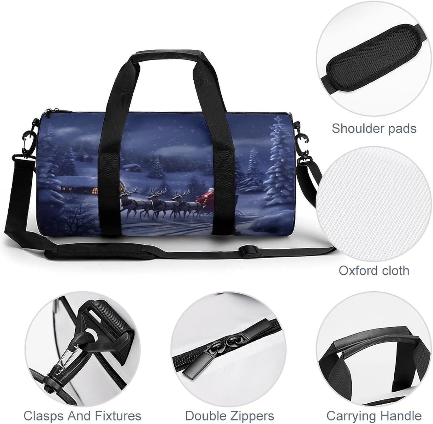 Sports Gym Bag for Women Men Travel Duffel Bag Tote Weekender Bag Snow Night Santa And Deer Carry on Overnight Bag for Travel Swimming Fitness Workout Sports Duffle Bag
