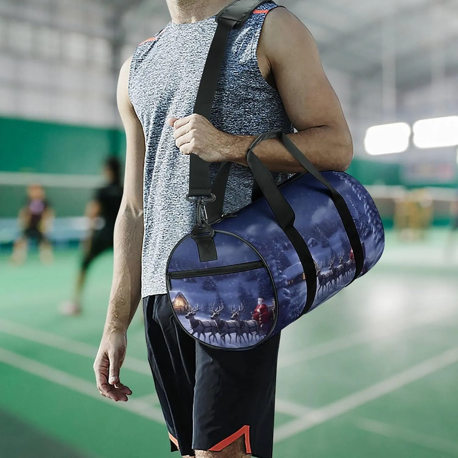 Sports Gym Bag for Women Men Travel Duffel Bag Tote Weekender Bag Snow Night Santa And Deer Carry on Overnight Bag for Travel Swimming Fitness Workout Sports Duffle Bag