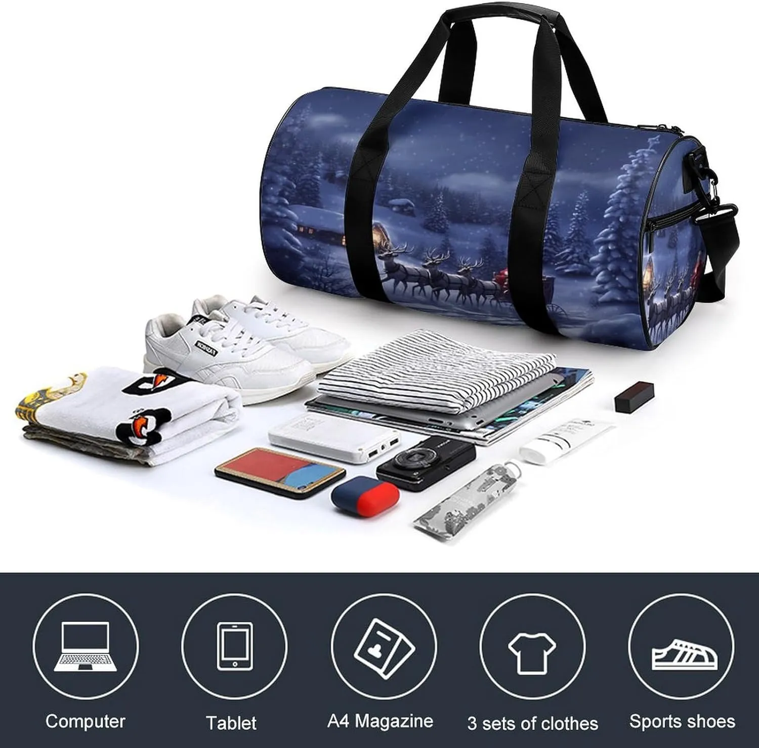 Sports Gym Bag for Women Men Travel Duffel Bag Tote Weekender Bag Snow Night Santa And Deer Carry on Overnight Bag for Travel Swimming Fitness Workout Sports Duffle Bag