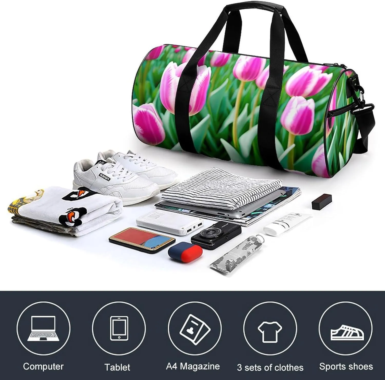 Sports Gym Bag for Women Men Travel Duffel Bag Tote Weekender Bag Spring Flower Carry on Overnight Bag for Travel Swimming Fitness Workout Sports Duffle Bag