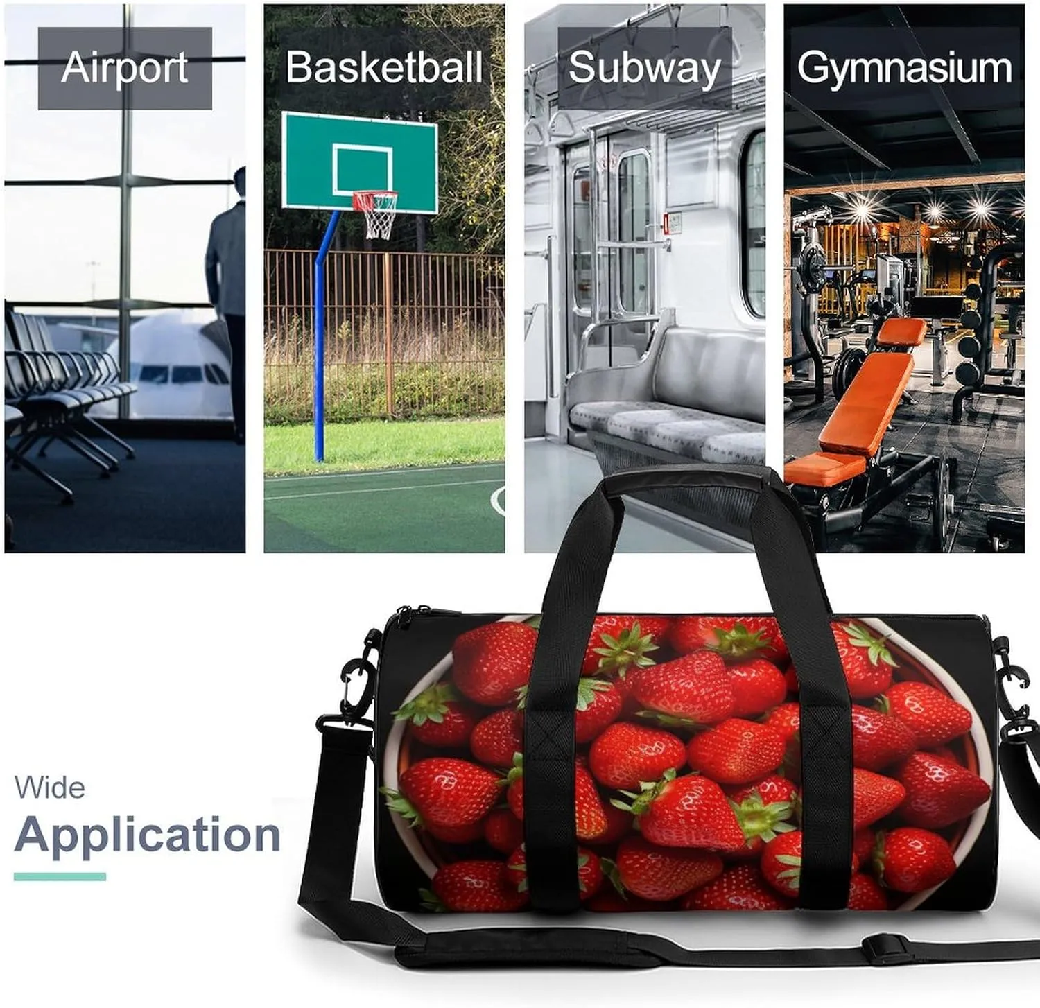 Sports Gym Bag for Women Men Travel Duffel Bag Tote Weekender Bag Strawberries in Bowl Carry on Overnight Bag for Travel Swimming Fitness Workout Sports Duffle Bag