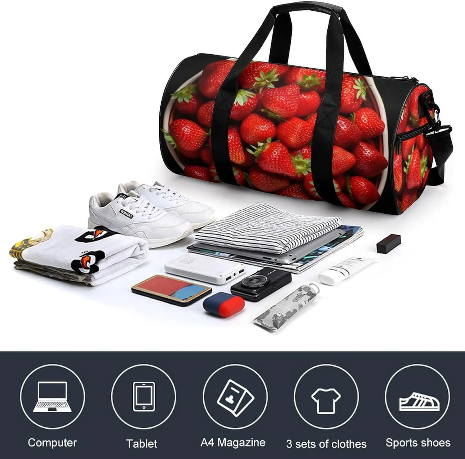 Sports Gym Bag for Women Men Travel Duffel Bag Tote Weekender Bag Strawberries in Bowl Carry on Overnight Bag for Travel Swimming Fitness Workout Sports Duffle Bag