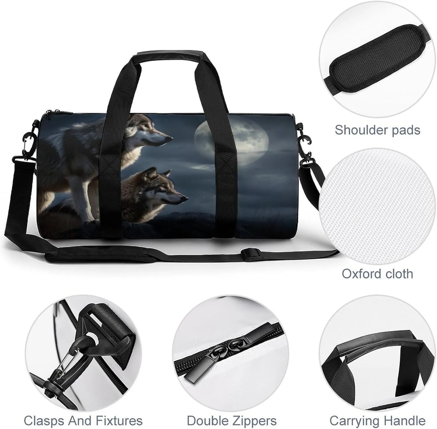Sports Gym Bag for Women Men Travel Duffel Bag Tote Weekender Bag Wolves In The Moonlight Carry on Overnight Bag for Travel Swimming Fitness Workout Sports Duffle Bag