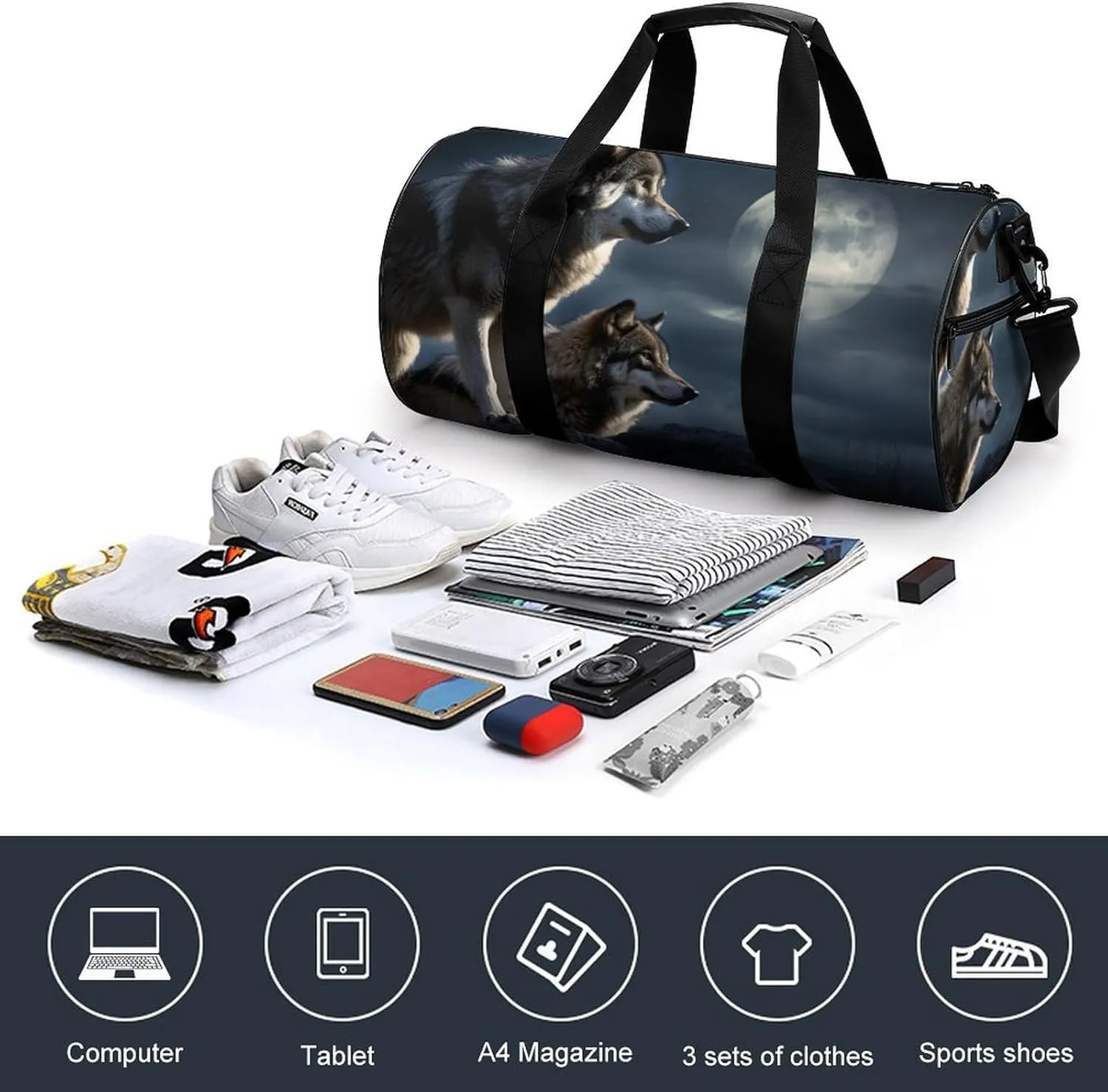 Sports Gym Bag for Women Men Travel Duffel Bag Tote Weekender Bag Wolves In The Moonlight Carry on Overnight Bag for Travel Swimming Fitness Workout Sports Duffle Bag