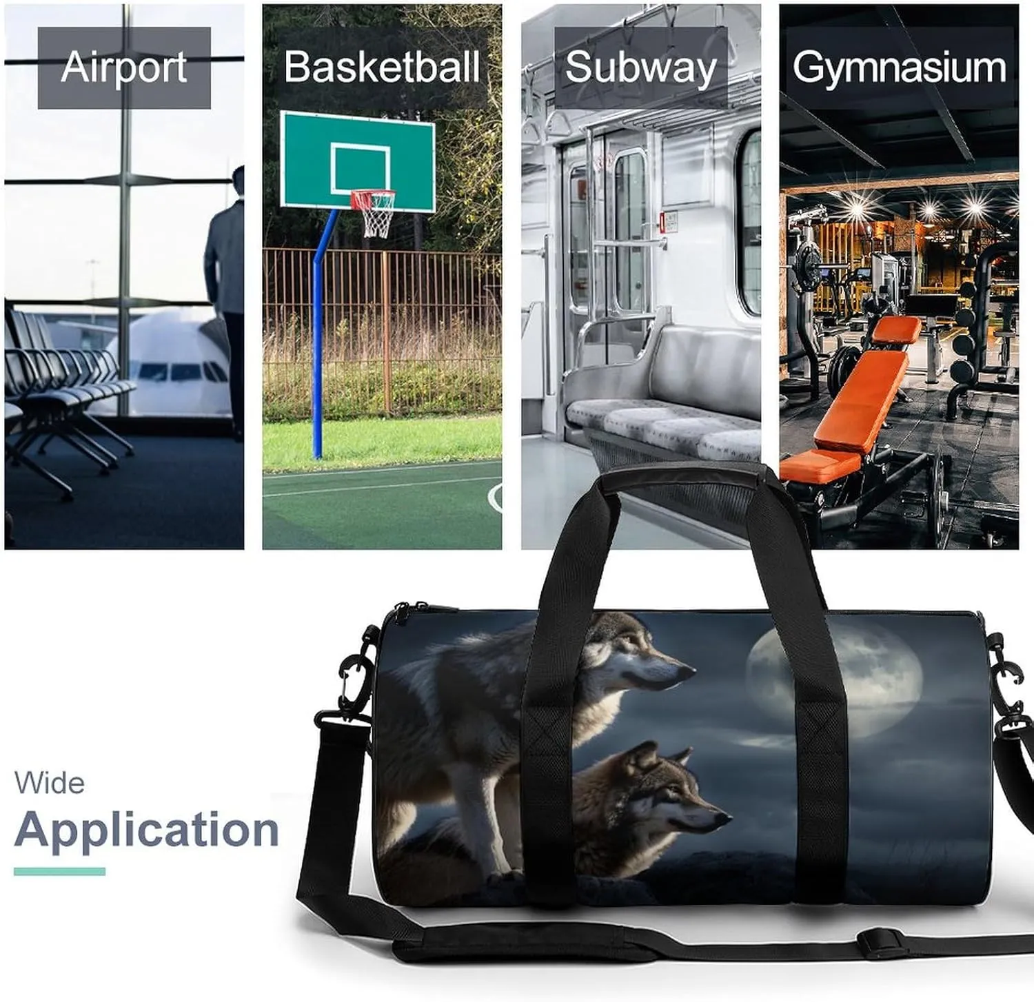 Sports Gym Bag for Women Men Travel Duffel Bag Tote Weekender Bag Wolves In The Moonlight Carry on Overnight Bag for Travel Swimming Fitness Workout Sports Duffle Bag