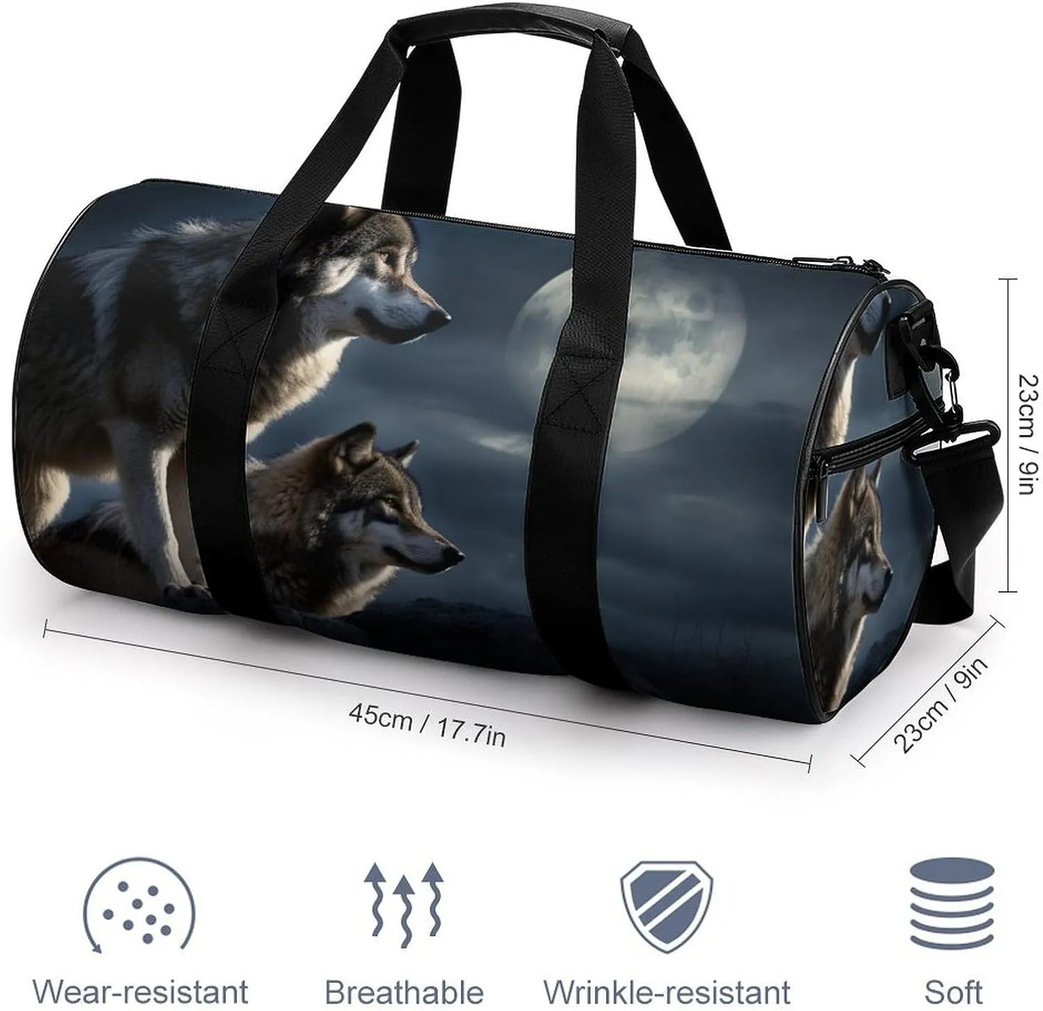 Sports Gym Bag for Women Men Travel Duffel Bag Tote Weekender Bag Wolves In The Moonlight Carry on Overnight Bag for Travel Swimming Fitness Workout Sports Duffle Bag