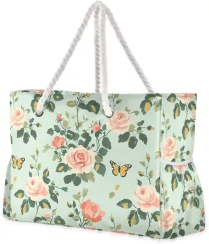 Spring Pastel Green Peach Flowers Sturdy Zippered Tote Bags with side pocketes Duffel Bag Women for Travel Gym Vacation