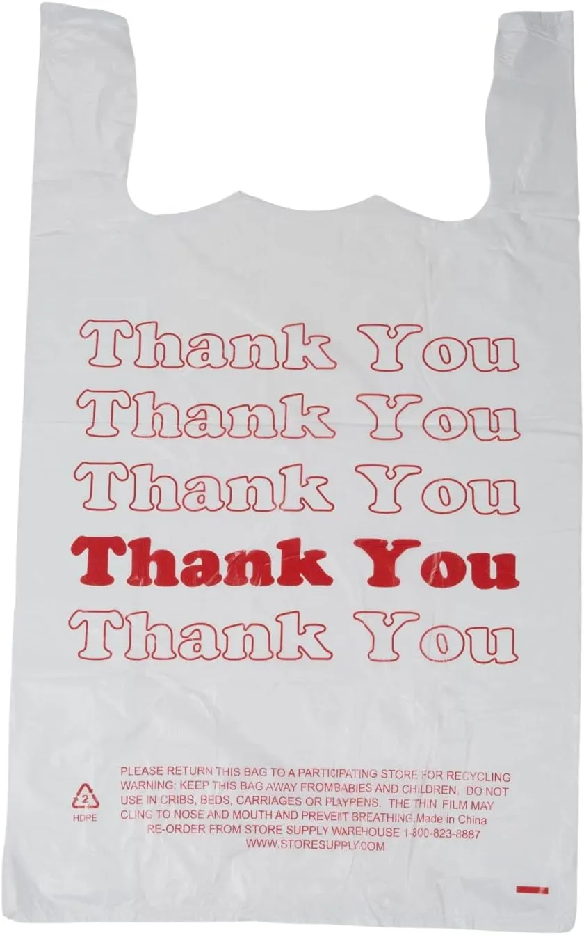 SSWBasics Premium Thank You T-Shirt Bags - 500 - Pack, 18” x 8" x 30", .48mil HDPE Thickness - Ideal for Restaurants, Retail, Grocery, Takeout - Standard Supermarket Size - Strong and Durable