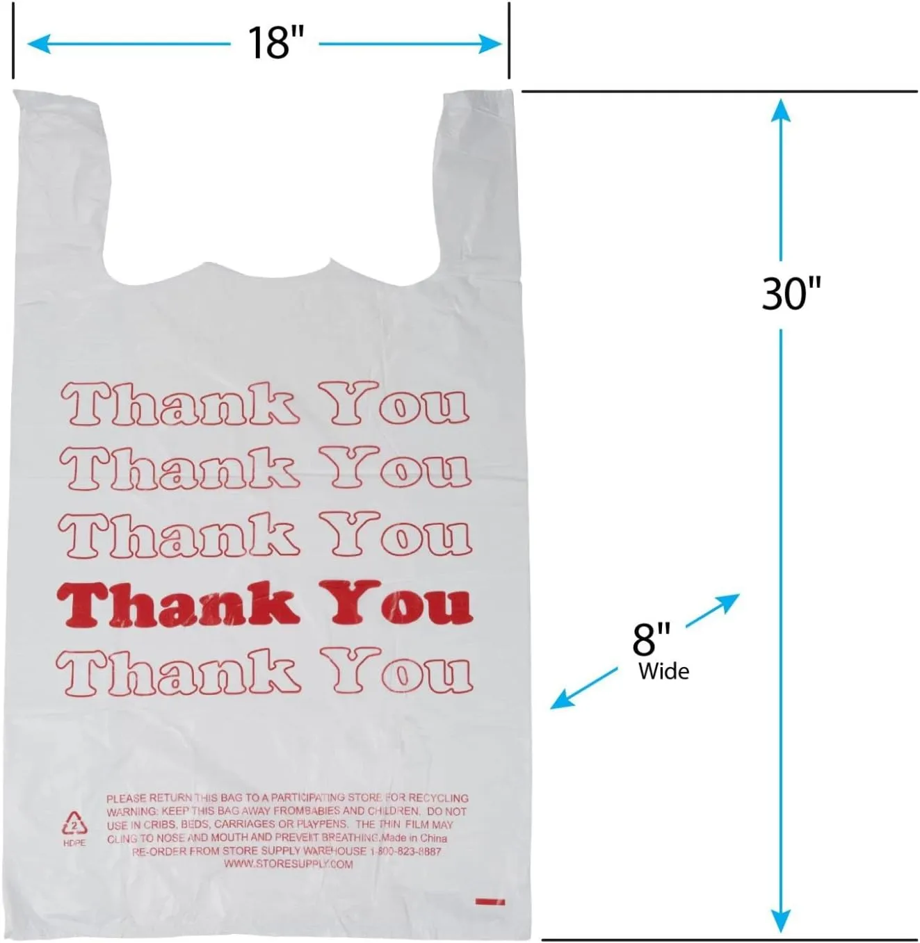 SSWBasics Premium Thank You T-Shirt Bags - 500 - Pack, 18” x 8" x 30", .48mil HDPE Thickness - Ideal for Restaurants, Retail, Grocery, Takeout - Standard Supermarket Size - Strong and Durable