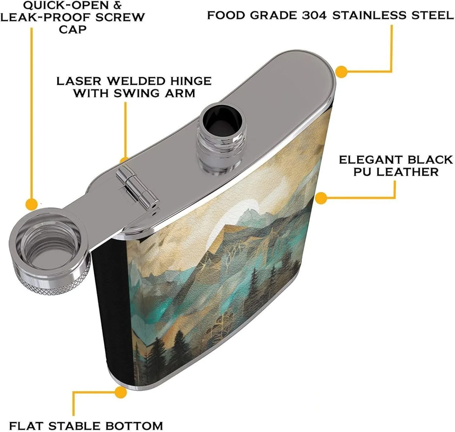 Stainless Steel Pocket Hip Flask with Mountains Trees Landscape Sunrise for Men Drinking Wedding, Vintage Flasks for Bar Party Fishing Flagon 8 OZ