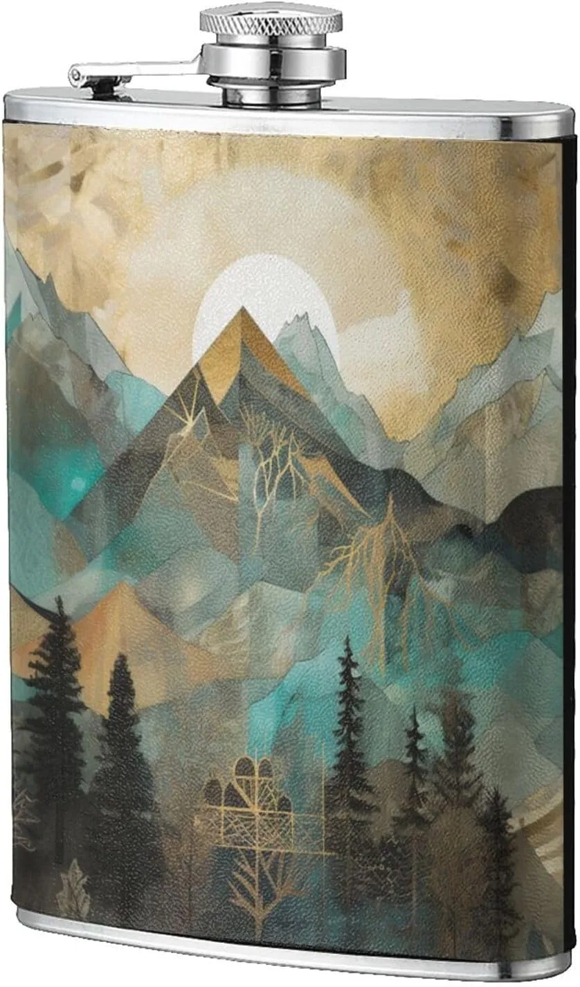Stainless Steel Pocket Hip Flask with Mountains Trees Landscape Sunrise for Men Drinking Wedding, Vintage Flasks for Bar Party Fishing Flagon 8 OZ