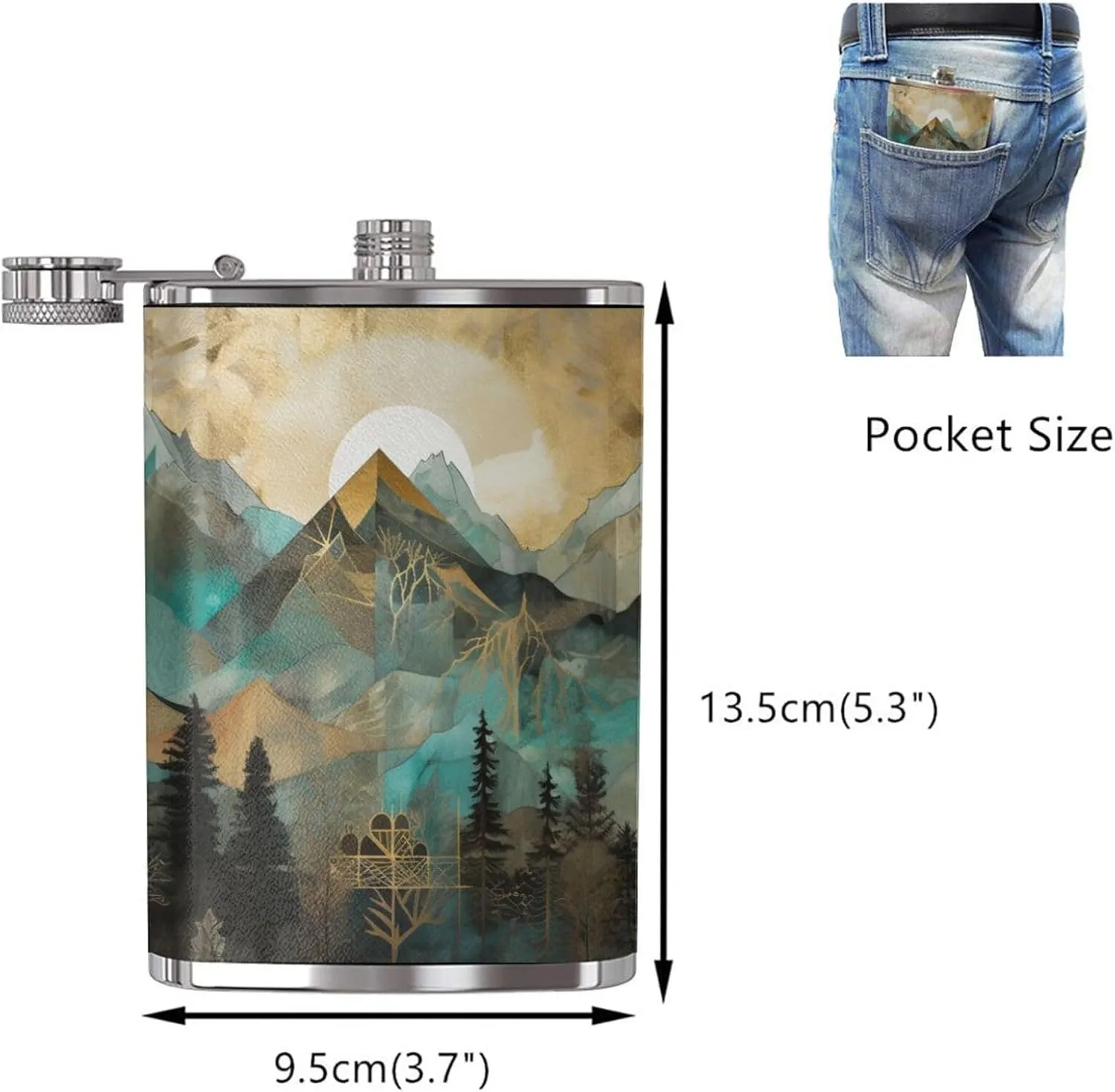 Stainless Steel Pocket Hip Flask with Mountains Trees Landscape Sunrise for Men Drinking Wedding, Vintage Flasks for Bar Party Fishing Flagon 8 OZ