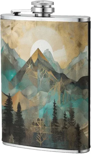 Stainless Steel Pocket Hip Flask with Mountains Trees Landscape Sunrise for Men Drinking Wedding, Vintage Flasks for Bar Party Fishing Flagon 8 OZ
