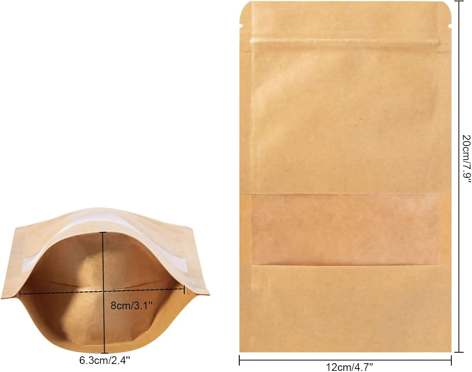 Stand Up Pouches 100pcs, 7.8''×4.6'' Resealable Bags for Small Business, Resealable Kraft Paper Bags with Window, Paper Bakery Bag for Small Business, Family, Company