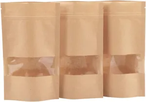 Stand Up Pouches 100pcs, 7.8''×4.6'' Resealable Bags for Small Business, Resealable Kraft Paper Bags with Window, Paper Bakery Bag for Small Business, Family, Company